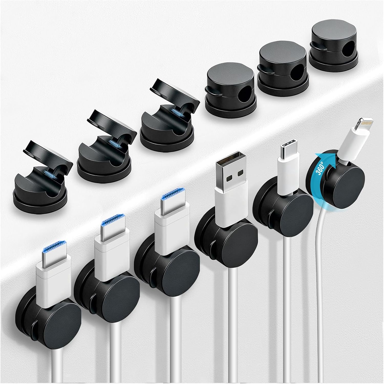 12 Pack 360° Rotatable Spring Cable Clips 1s Lock , Adhesive Cord Holder for Nightstand, Phone Charger Cord Holder for Desk Home Office Car Game Station