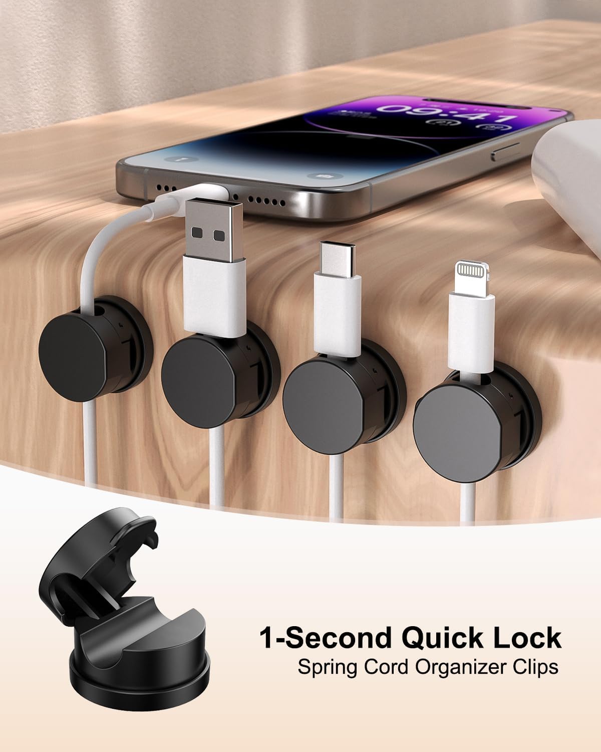 12 Pack 360° Rotatable Spring Cable Clips 1s Lock , Adhesive Cord Holder for Nightstand, Phone Charger Cord Holder for Desk Home Office Car Game Station