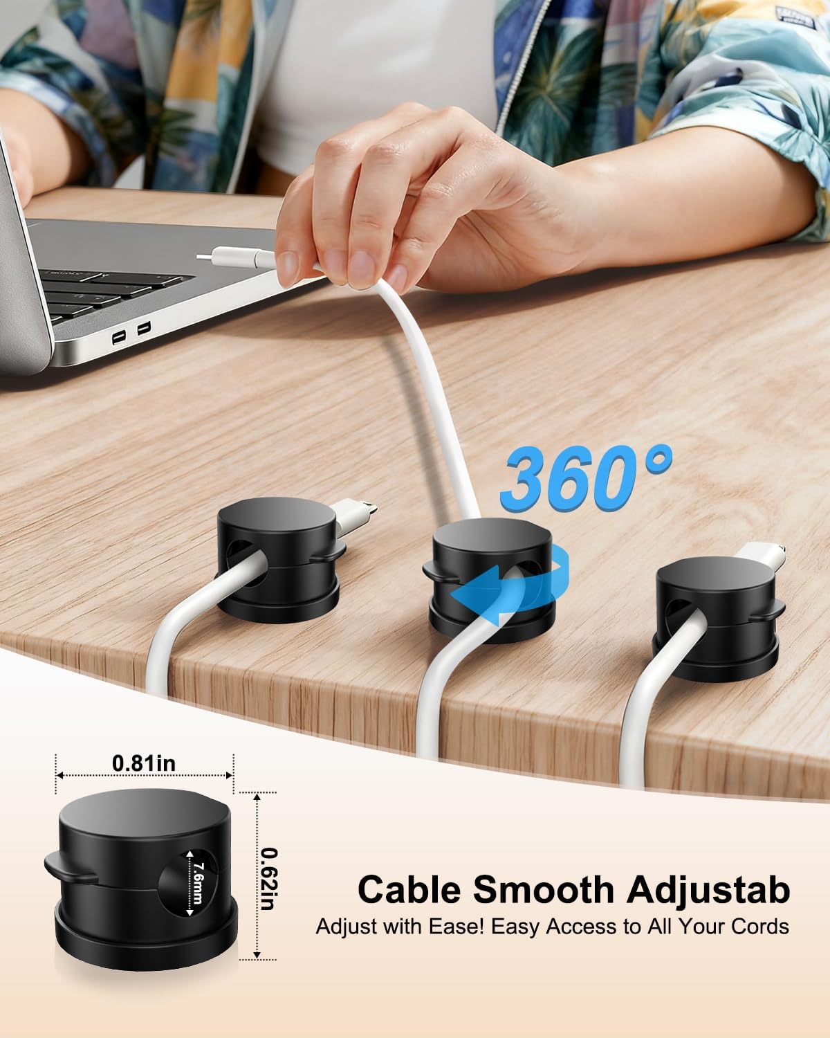 12 Pack 360° Rotatable Spring Cable Clips 1s Lock , Adhesive Cord Holder for Nightstand, Phone Charger Cord Holder for Desk Home Office Car Game Station
