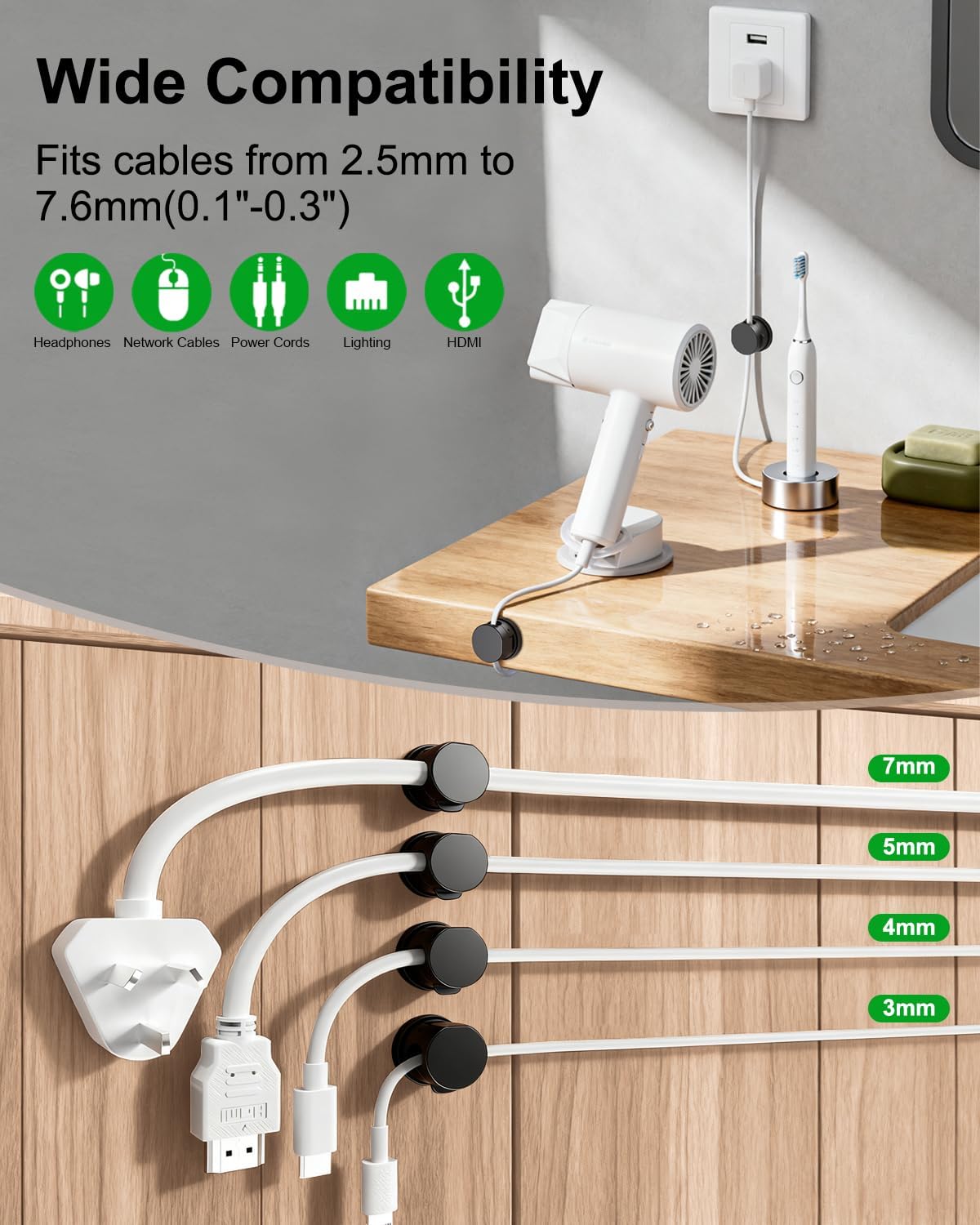 12 Pack 360° Rotatable Spring Cable Clips 1s Lock , Adhesive Cord Holder for Nightstand, Phone Charger Cord Holder for Desk Home Office Car Game Station