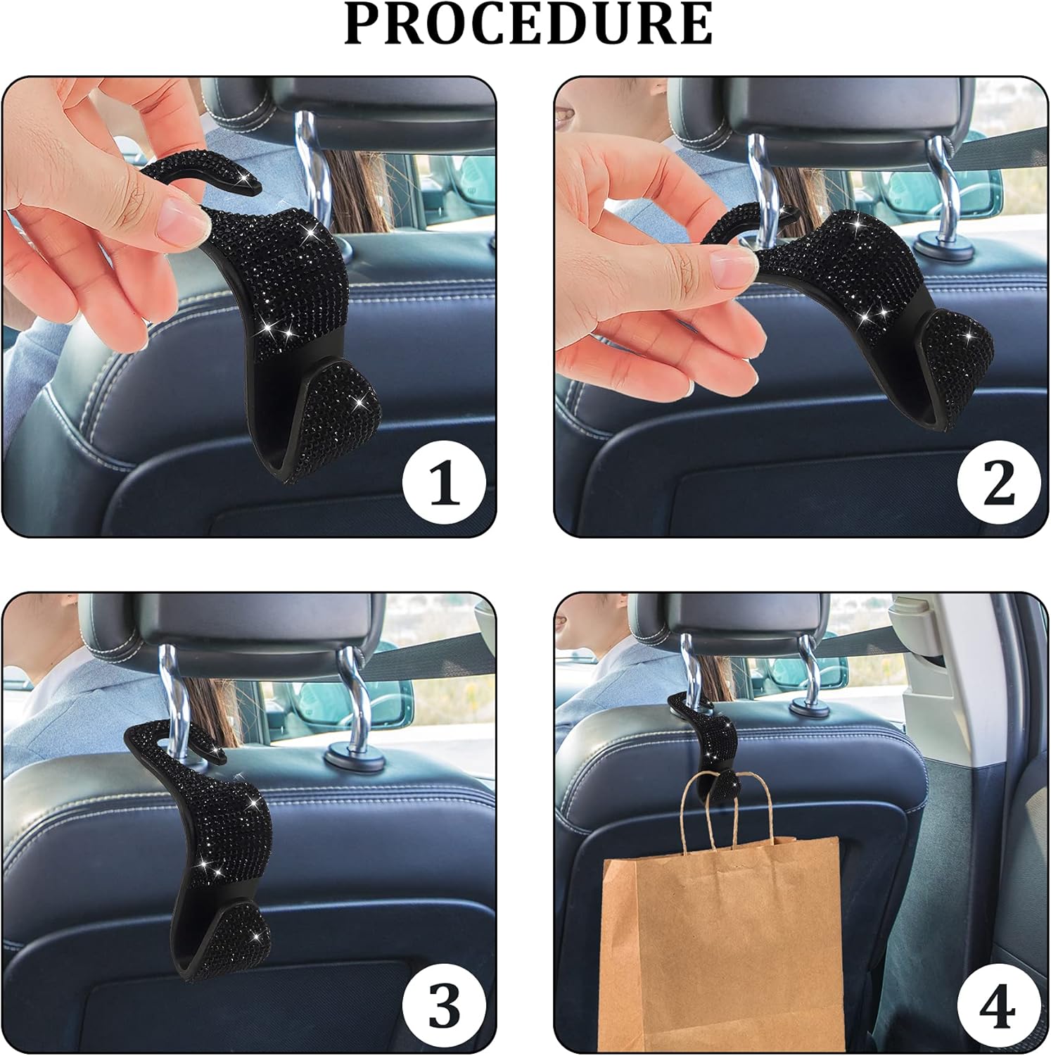 2 Pack Car Hooks, 2021 New Bling Rhinestones Crystal Hooks Car Decorations Auto Seat Back Organizers Strong and Durable Backseat Hanger Storage Universal for SUV Truck Vehicle Black
