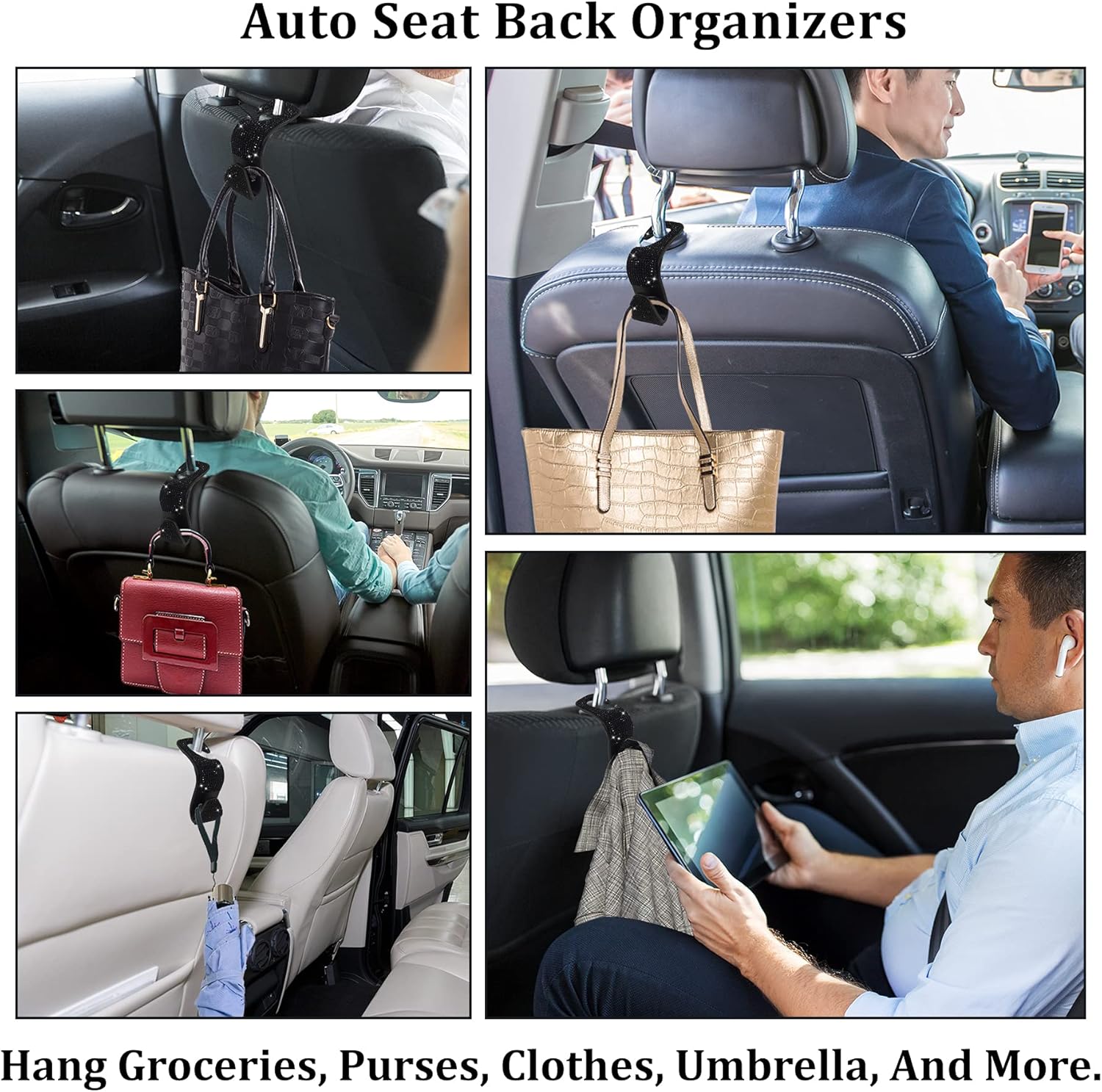 2 Pack Car Hooks, 2021 New Bling Rhinestones Crystal Hooks Car Decorations Auto Seat Back Organizers Strong and Durable Backseat Hanger Storage Universal for SUV Truck Vehicle Black
