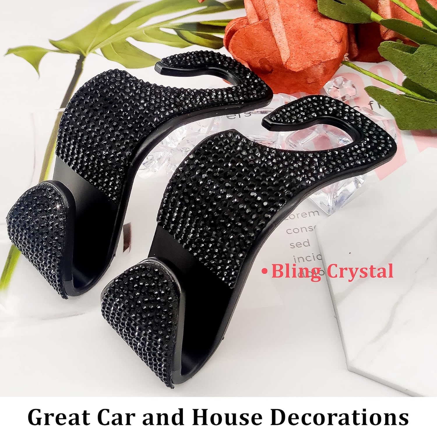 2 Pack Car Hooks, 2021 New Bling Rhinestones Crystal Hooks Car Decorations Auto Seat Back Organizers Strong and Durable Backseat Hanger Storage Universal for SUV Truck Vehicle Black