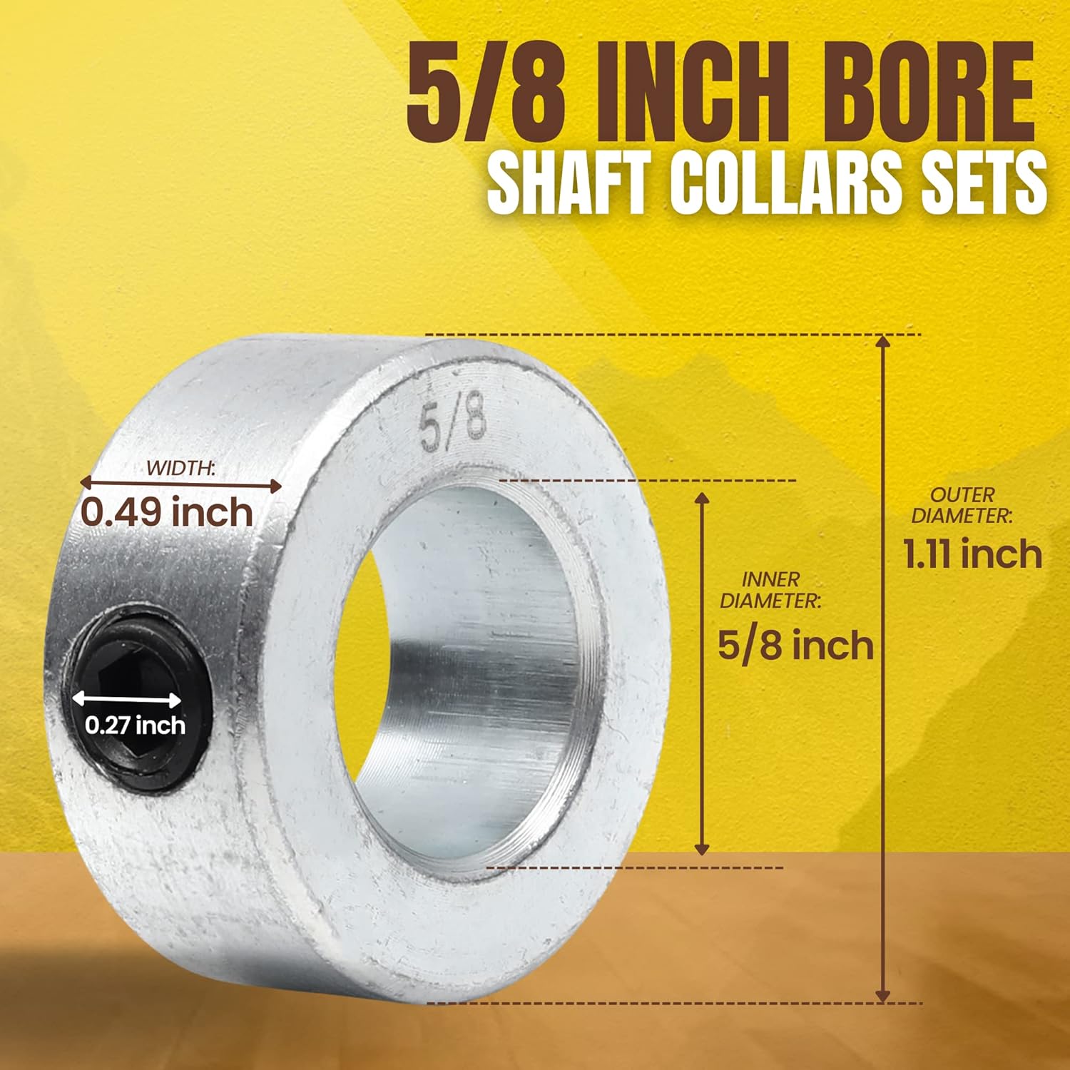 4-Pack 5/8” Bore Solid Steel Shaft Collars with Zinc Plated Coating - Durable Shaft Collars Suitable for Machinery and Industrial Use