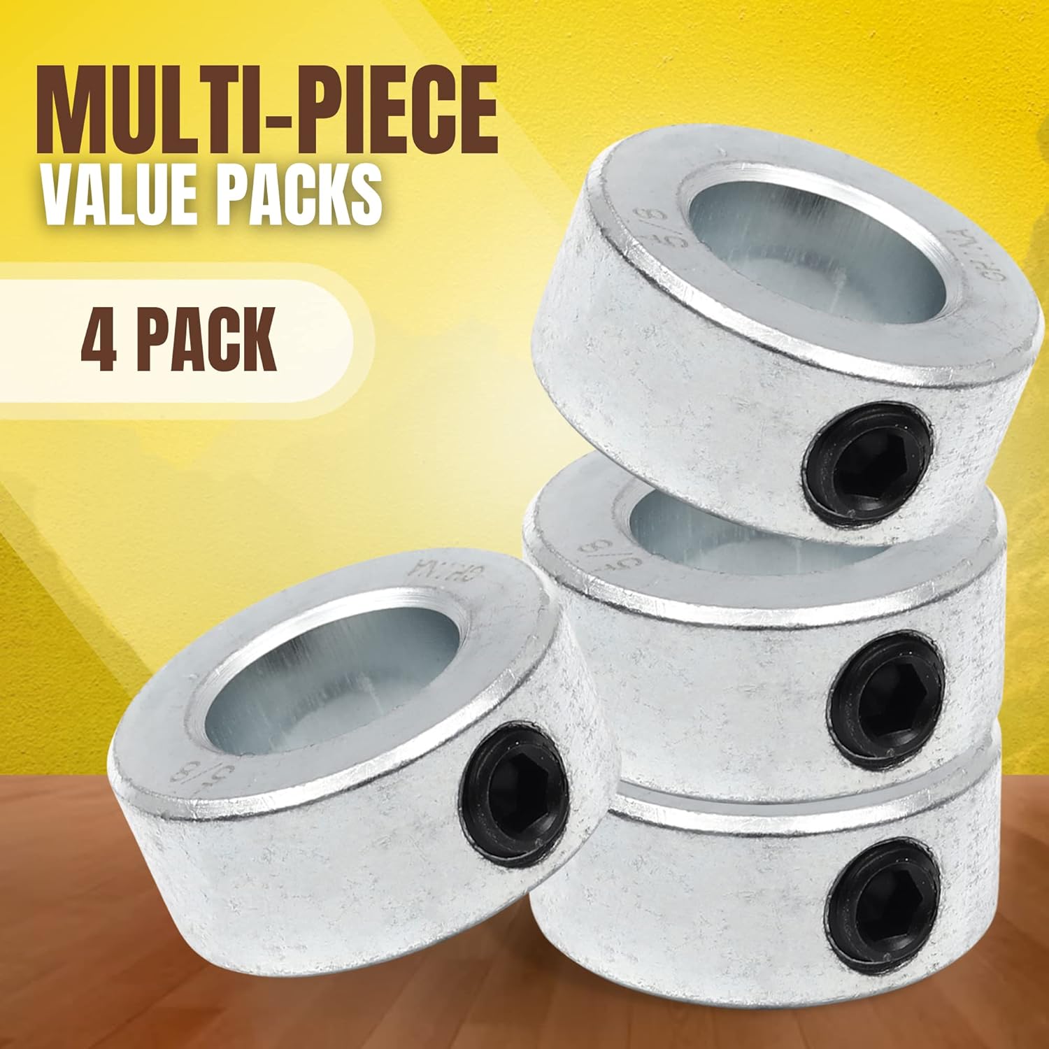 4-Pack 5/8” Bore Solid Steel Shaft Collars with Zinc Plated Coating - Durable Shaft Collars Suitable for Machinery and Industrial Use