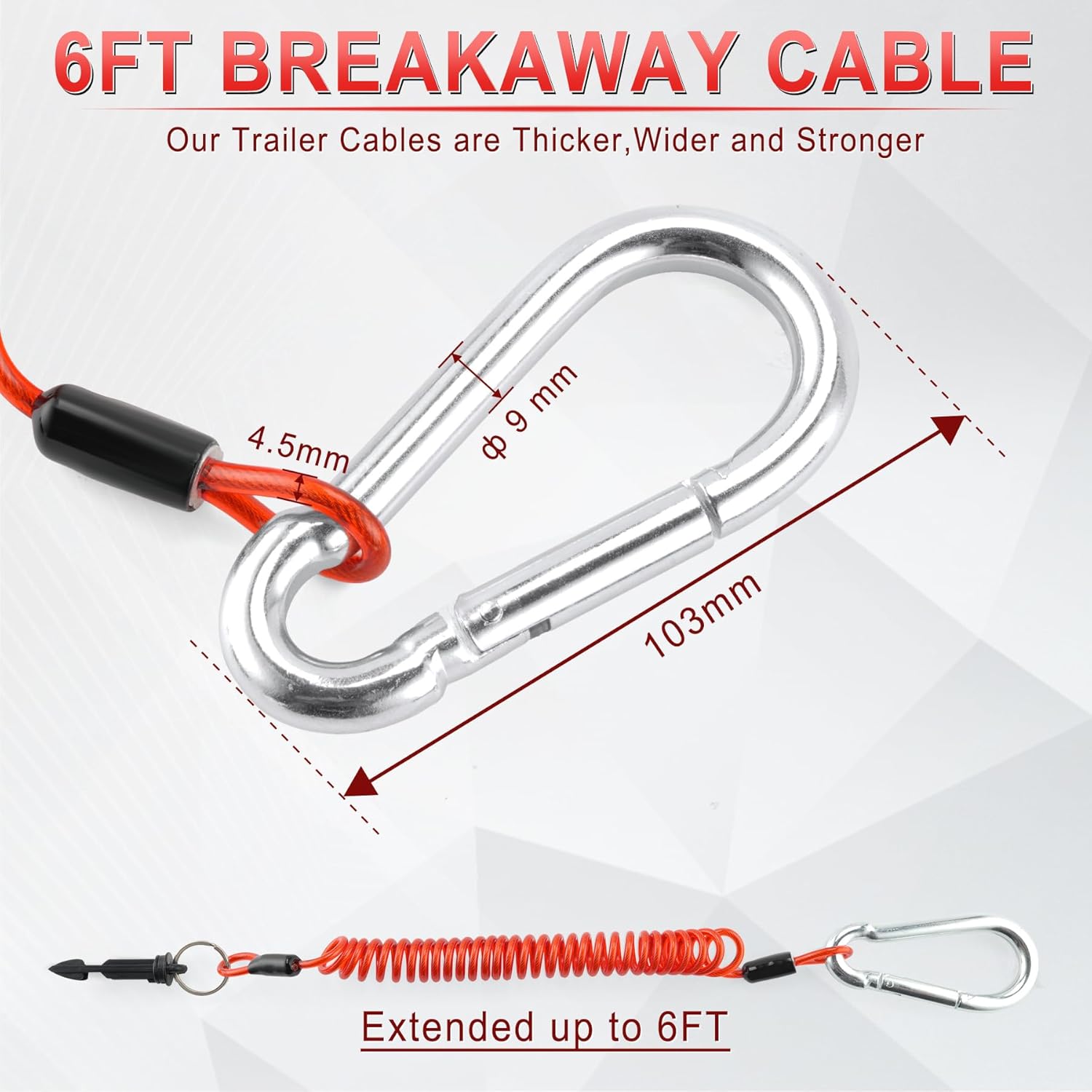 6FT Breakaway Trailer Cable,Heavy Duty Stainless Steel Spring Towing Coiled Wire,Emergency Brake Wire Camper Safety Breakaway Cable with Pin,RV Trailer Accessories