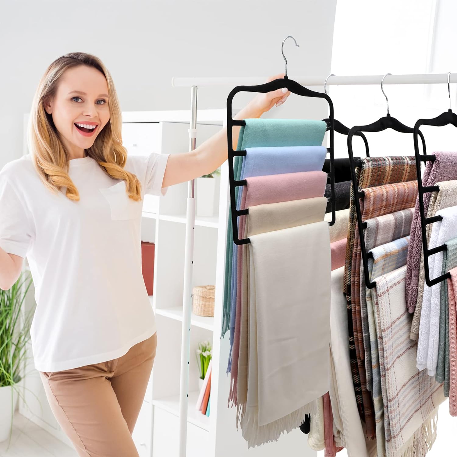 Closet Organizers and Storage,3 Pack Velvet Pants-Hangers-Space-Saving,Non Silp 5 Tier Scarf Jeans Organizer,Dorm Room Essentials for College Students Girls Boys Guys,Organization and Storage