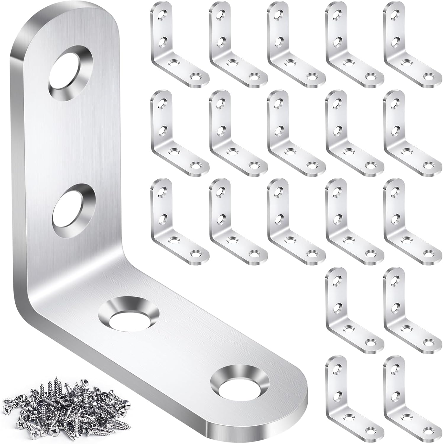 20PCS L Bracket Corner Brace Sets, Stainless Steel L Brackets for Wood Shelves, 90 Degree Right Angle Bracket with 80 Screws, Metal Corner Brackets for Furniture Cabinet Drawer Chair 1.57x1.57 in