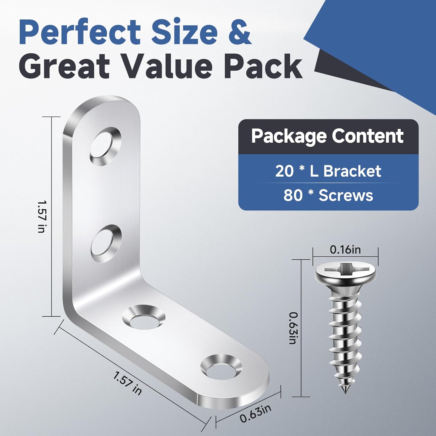 20PCS L Bracket Corner Brace Sets, Stainless Steel L Brackets for Wood Shelves, 90 Degree Right Angle Bracket with 80 Screws, Metal Corner Brackets for Furniture Cabinet Drawer Chair 1.57x1.57 in