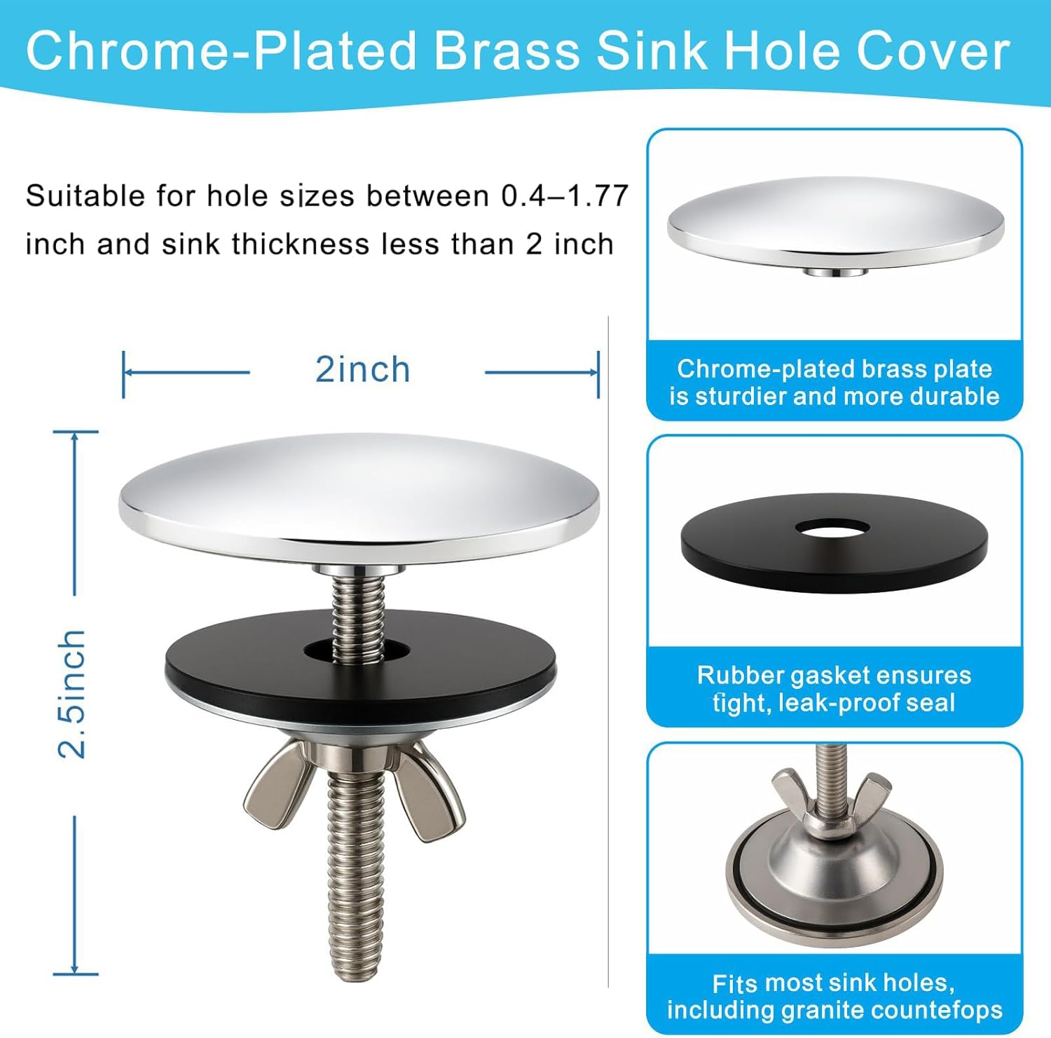 2-Inch Faucet Hole Cover, Sink Hole Cover, Solid Brass Chrome-Plated Kitchen Sink Tap Hole Plate Stopper Cover for Home Kitchen and Bathroom, Kitchen Sink Hole Covers Silver