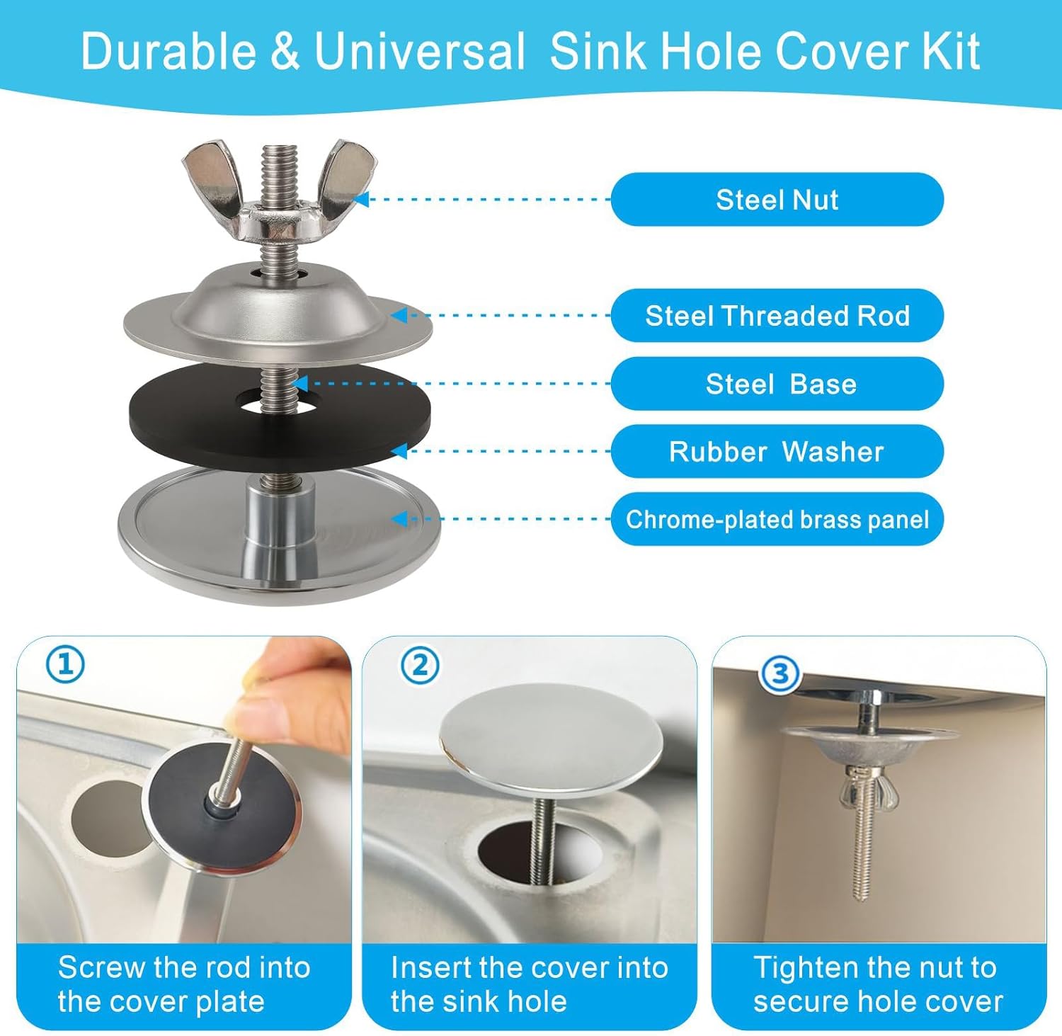 2-Inch Faucet Hole Cover, Sink Hole Cover, Solid Brass Chrome-Plated Kitchen Sink Tap Hole Plate Stopper Cover for Home Kitchen and Bathroom, Kitchen Sink Hole Covers Silver