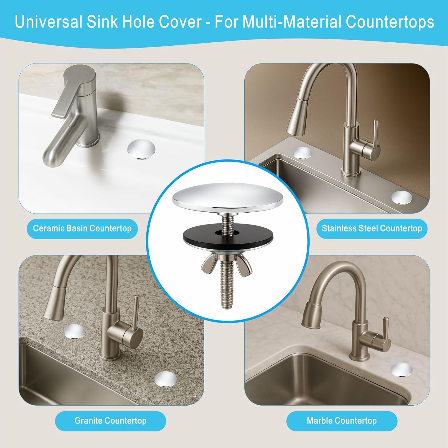2-Inch Faucet Hole Cover, Sink Hole Cover, Solid Brass Chrome-Plated Kitchen Sink Tap Hole Plate Stopper Cover for Home Kitchen and Bathroom, Kitchen Sink Hole Covers Silver