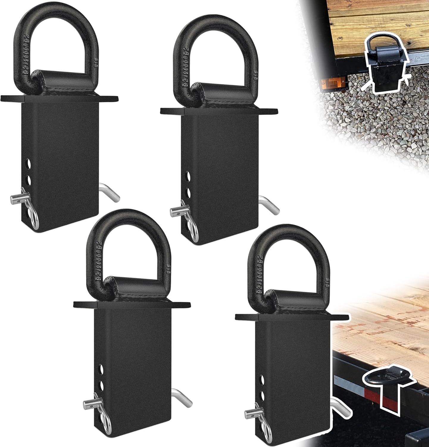 Stake Pocket D Rings 4Pcs 18000lbs Heavy Duty Removable D-Ring Stake Pocket Tie Down for Utility Trailers and Flatbeds with Hitch Pin, Removable Tie Down Utility for Flatbed Cargo Trucks, Black