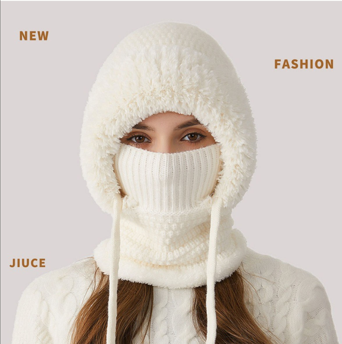 Winter Corn Velvet Hooded Scarf Mask Set - Thick Fleece Lined Knit Cap for Women - Warm Balaclava Neck Warmer for Extreme Cold - Off White