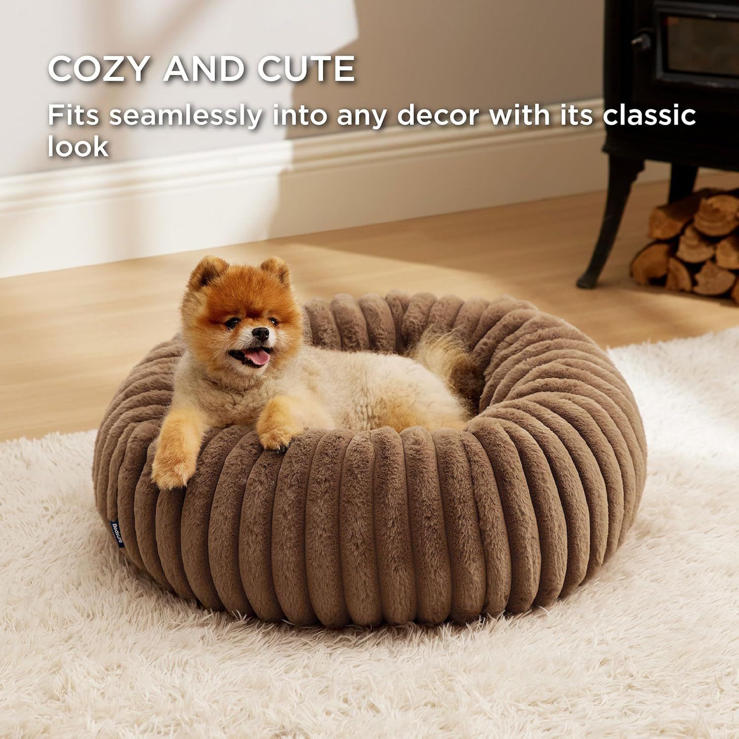 Calming Donut Pet Bed - Faux Rabbit Fur Soft Warm Round Cat Dog Bed - Plush Cozy Cuddler for Small Dogs Cats - Camel M 70cm