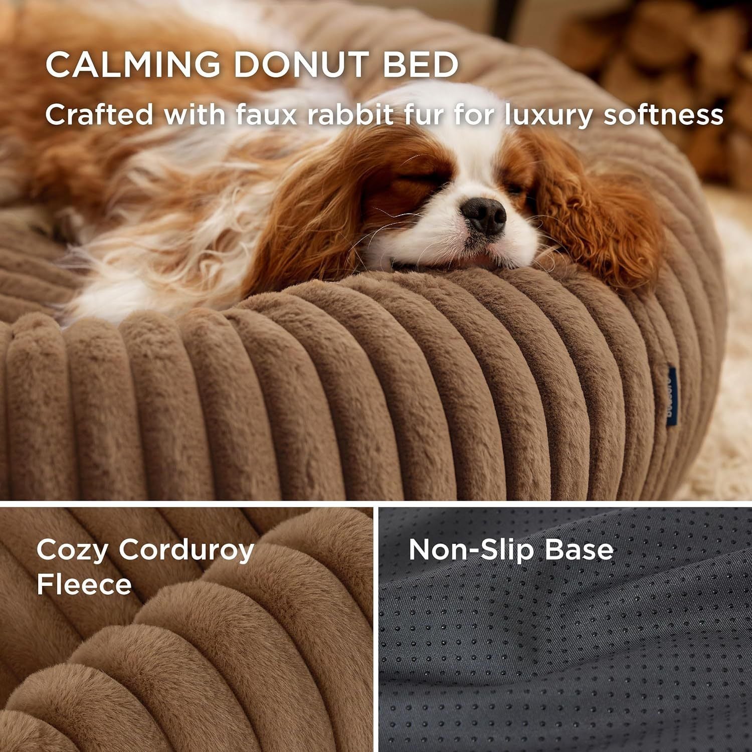 Calming Donut Pet Bed - Faux Rabbit Fur Soft Warm Round Cat Dog Bed - Plush Cozy Cuddler for Small Dogs Cats - Camel XL 90cm