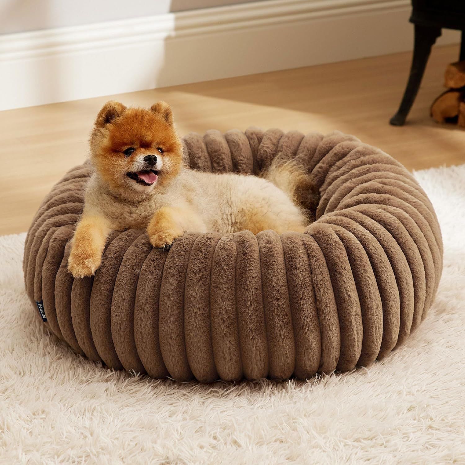 Calming Donut Pet Bed - Faux Rabbit Fur Soft Warm Round Cat Dog Bed - Plush Cozy Cuddler for Small Dogs Cats - Camel XS 50cm