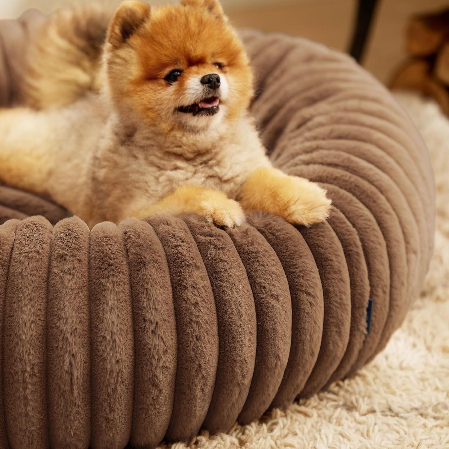 Calming Donut Pet Bed - Faux Rabbit Fur Soft Warm Round Cat Dog Bed - Plush Cozy Cuddler for Small Dogs Cats - Camel XS 50cm
