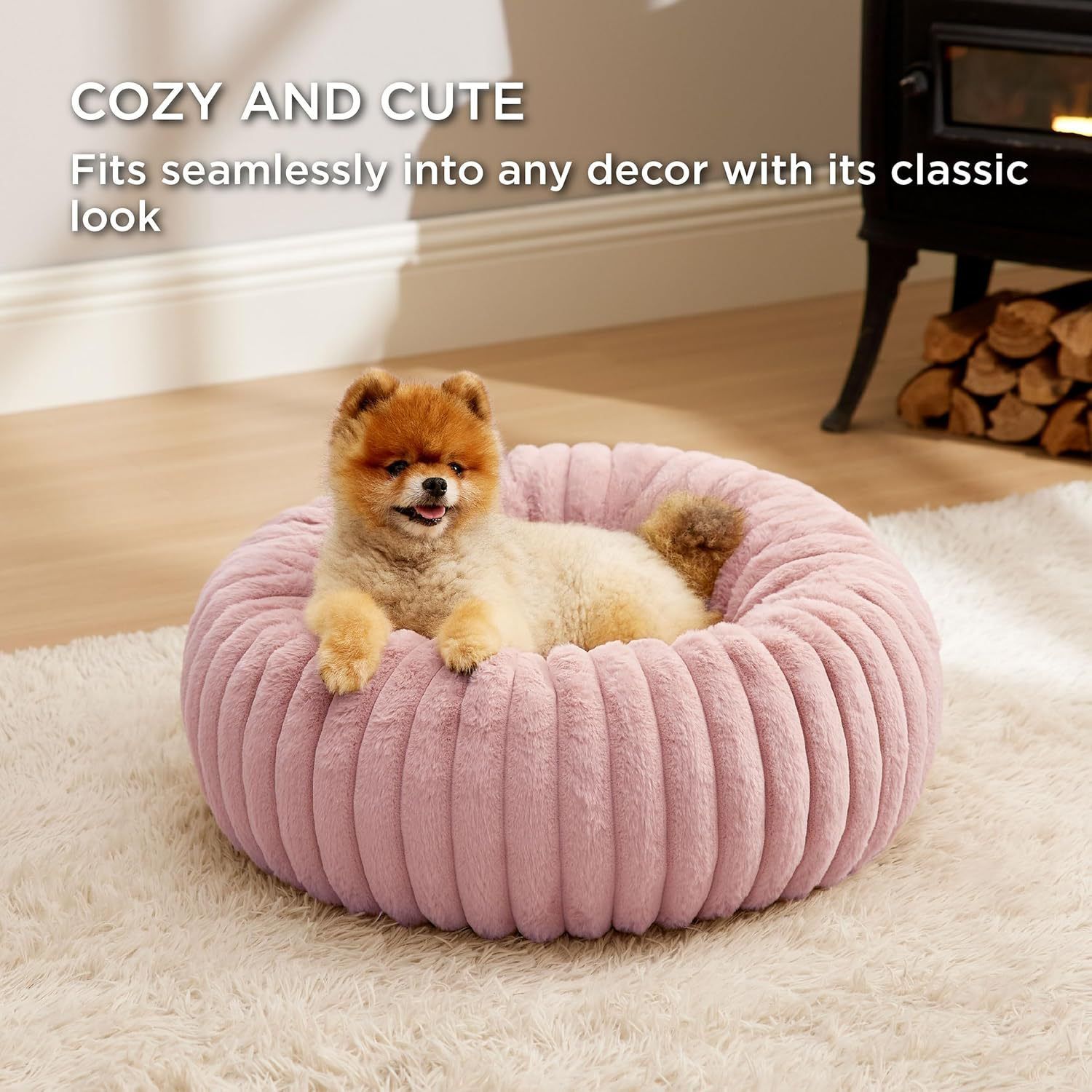 Calming Donut Pet Bed - Faux Rabbit Fur Soft Warm Round Cat Dog Bed - Plush Cozy Cuddler for Small Dogs Cats - Pink M 70cm