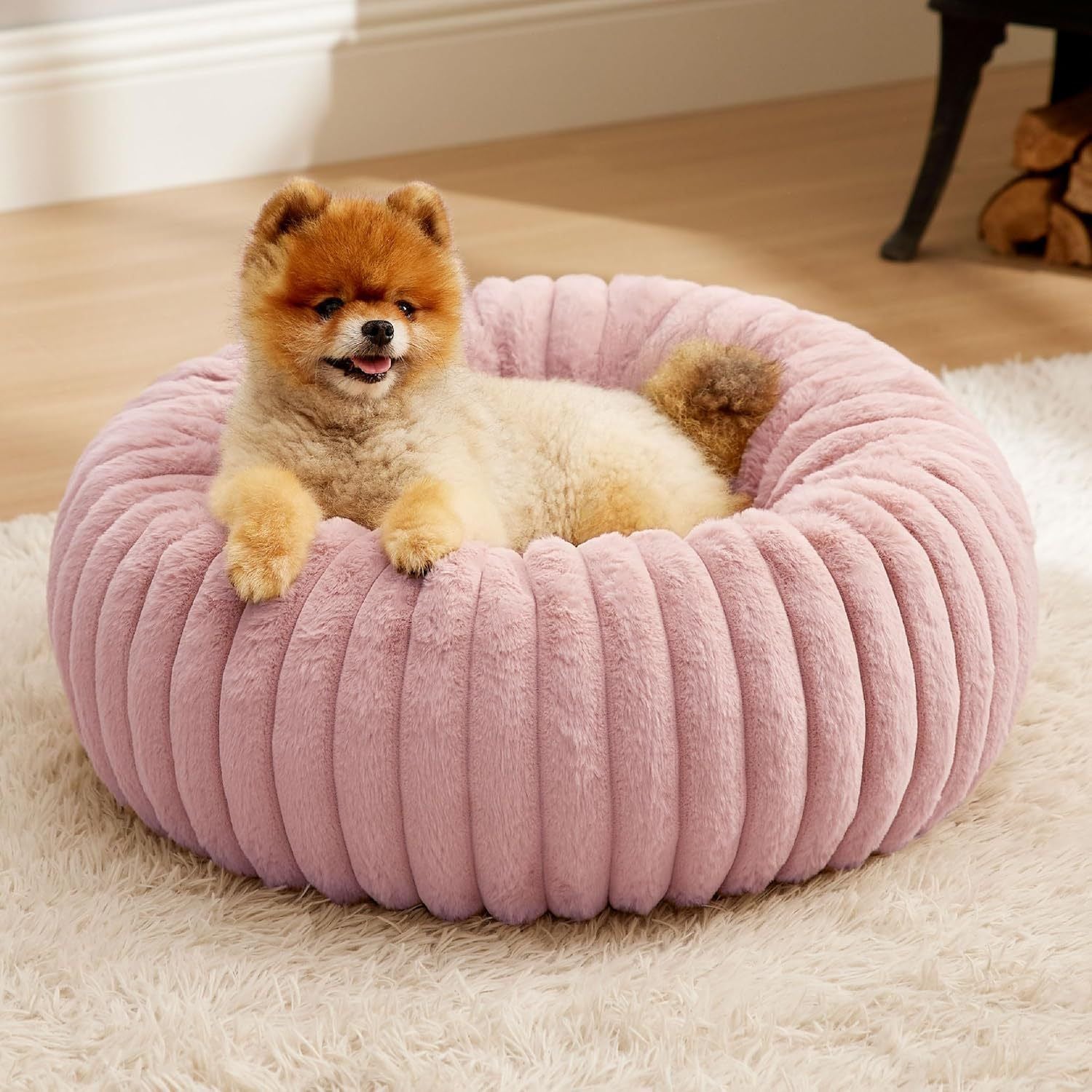Calming Donut Pet Bed - Faux Rabbit Fur Soft Warm Round Cat Dog Bed - Plush Cozy Cuddler for Small Dogs Cats - Pink XL 90cm