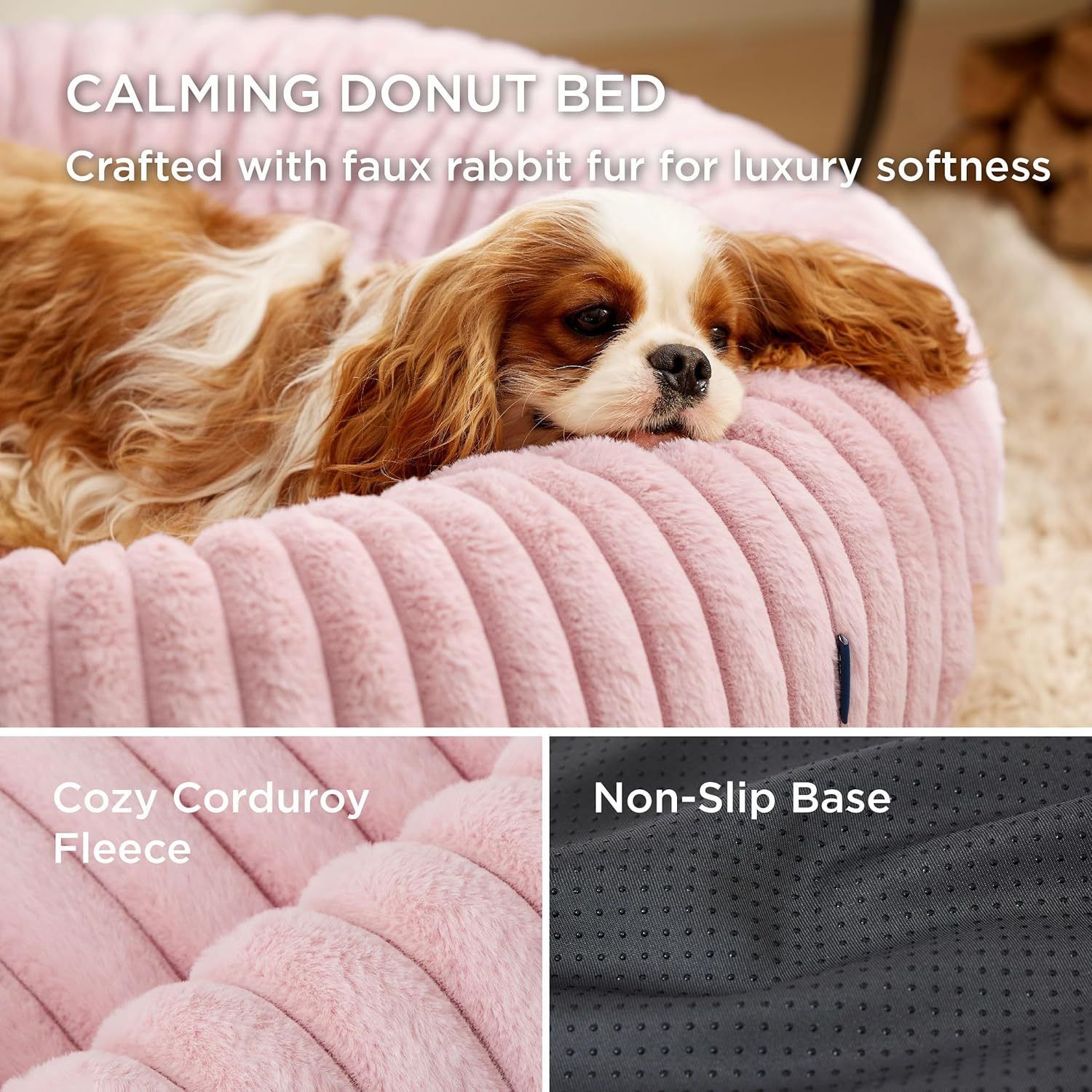 Calming Donut Pet Bed - Faux Rabbit Fur Soft Warm Round Cat Dog Bed - Plush Cozy Cuddler for Small Dogs Cats - Pink XS 50cm