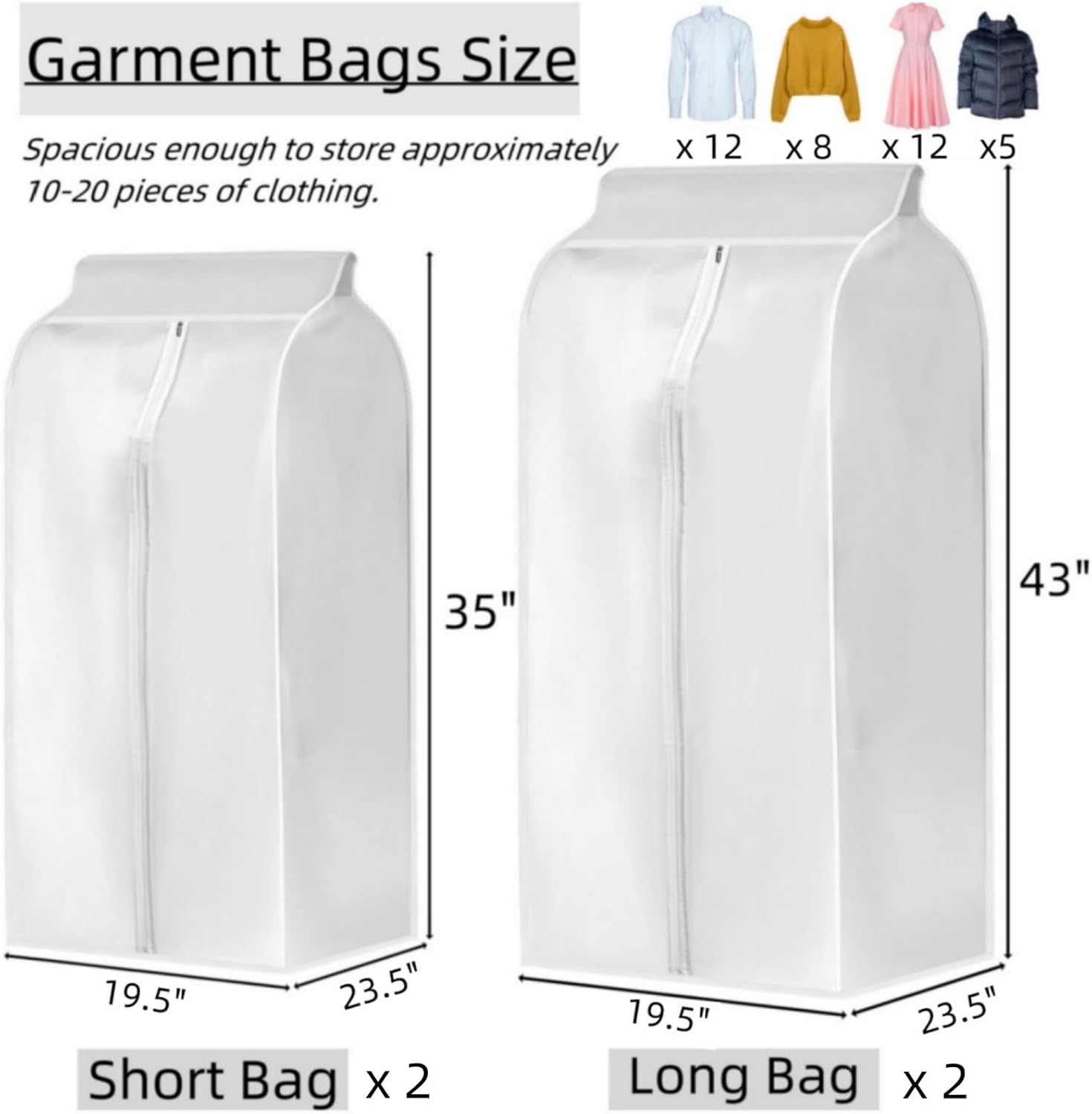 4 Pack Hanging Garment Bags, 43" 35" Long Large Closet Clothes Protector with Zipper, Plastic Jackets Storage Rack Cover for Shirt Suits Coat Dress, Bottom Enclosed Rack not included