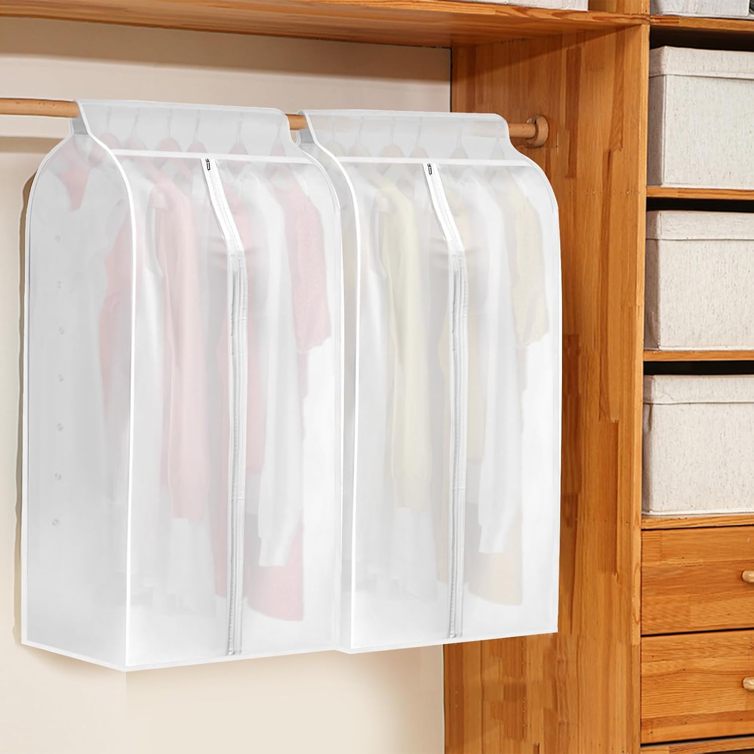 4 Pack Hanging Garment Bags, 43" 35" Long Large Closet Clothes Protector with Zipper, Plastic Jackets Storage Rack Cover for Shirt Suits Coat Dress, Bottom Enclosed Rack not included