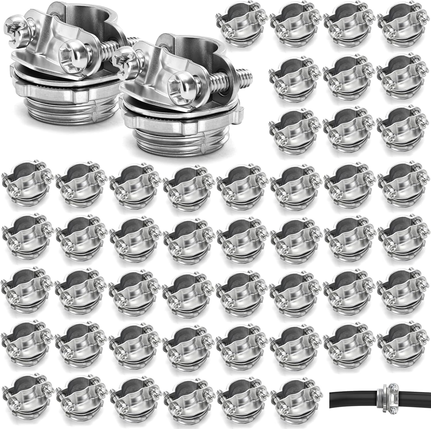 50 Pack 1/2 Inch Clamp Type Cable Connectors, Zinc Alloy and Steel Electrical Conduit Fittings for NM Cable, Rust Resistant Non-Metallic Wire Clamps to Protect Cables, Silver