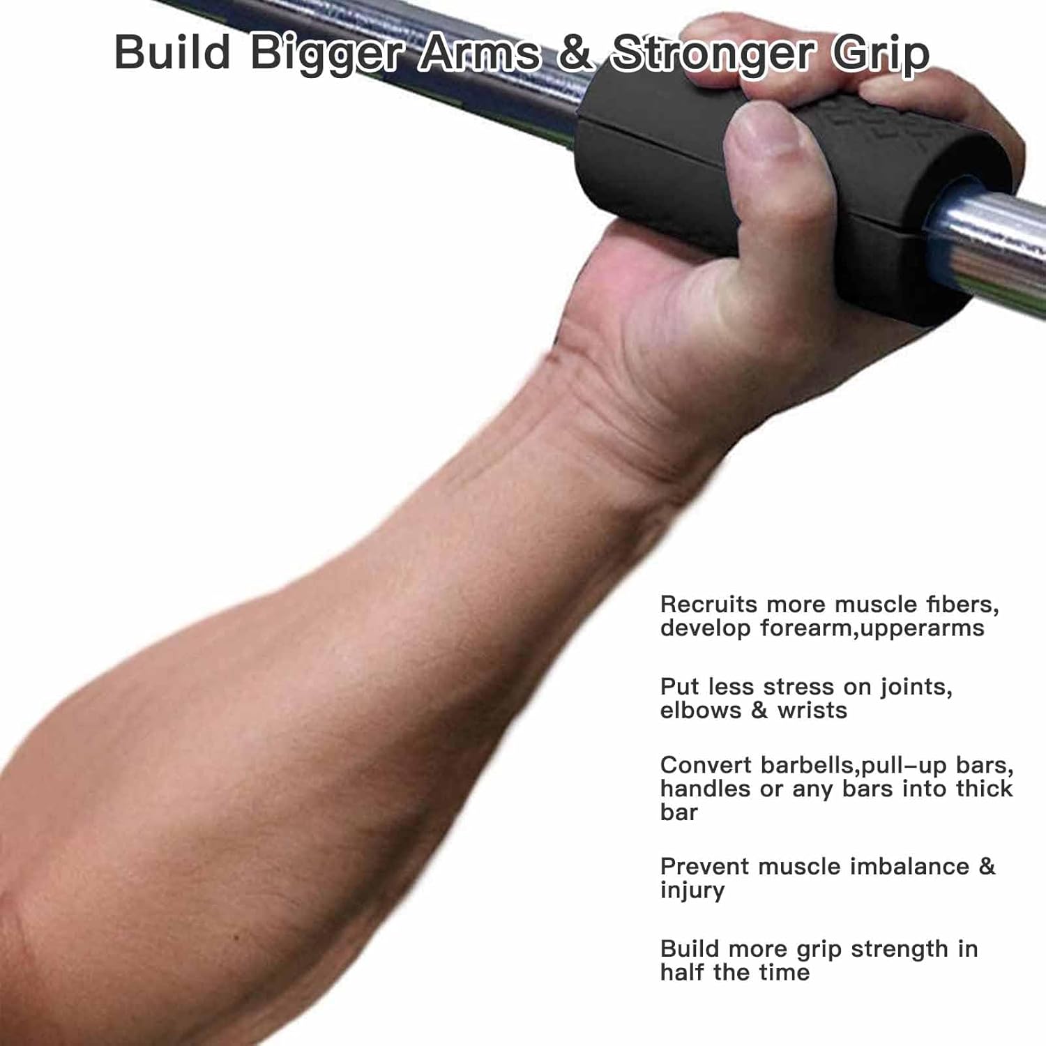 Thick Dumbbell & Barbell Grips for Weightlifting - High-Density Silicone Rubber, Non-Slip Gym Muscle Growth, Hand Stress Relief, Arm Blaster Adapter 1 Pair Black