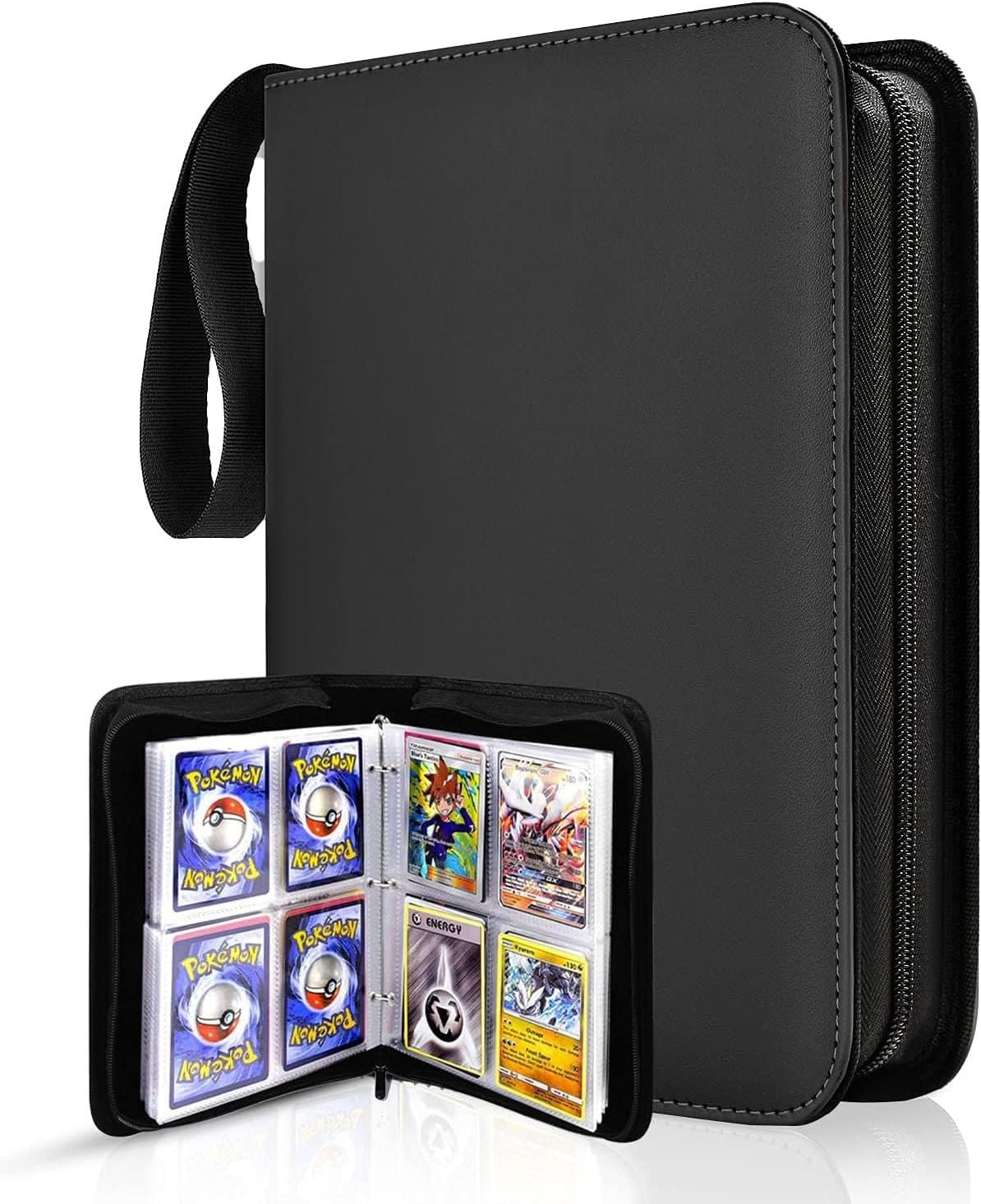 Trading Card Binder 4 Pocket,400 Pockets for Pokemon Cards with Zipper,50 Sleeves Holder Compatible Standard Card,Sport Card,Game Card-Gift Boy and Girl 4-Pockets, Black Black 4-Pockets