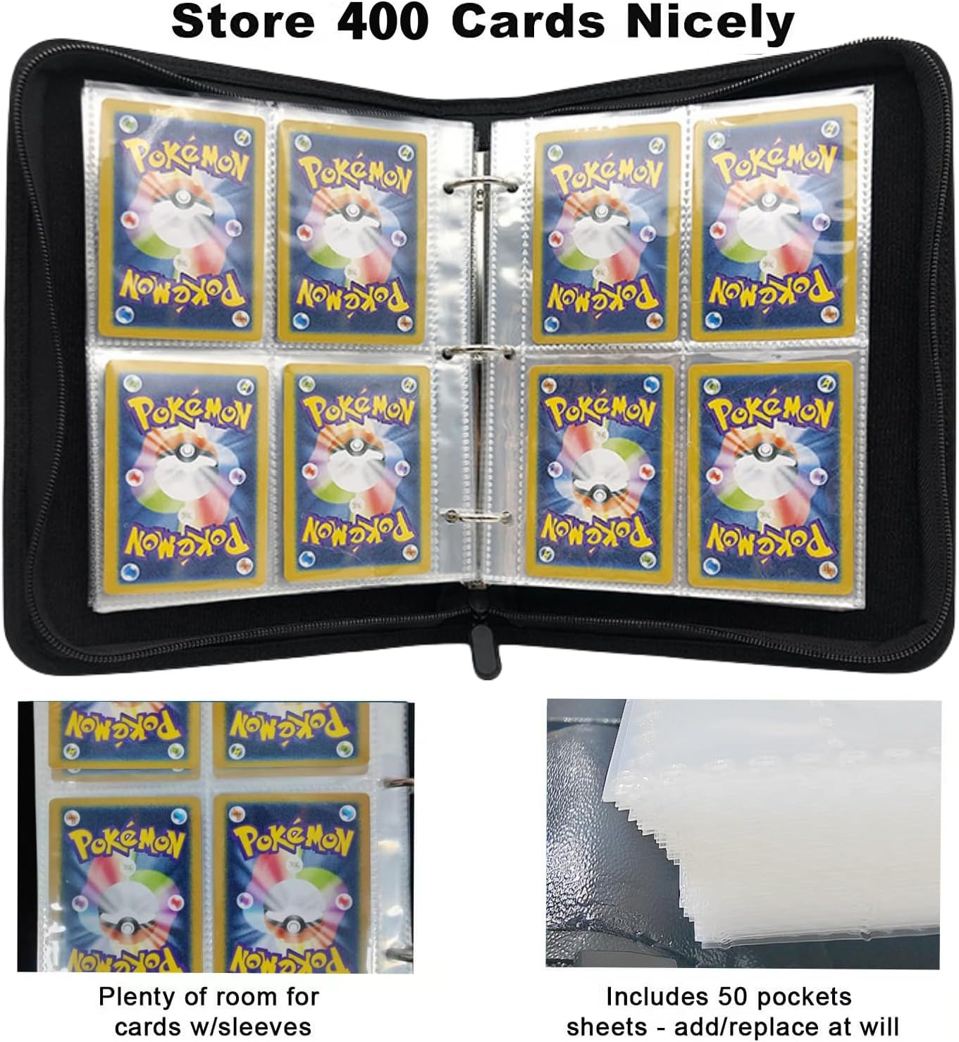 Trading Card Binder 4 Pocket,400 Pockets for Pokemon Cards with Zipper,50 Sleeves Holder Compatible Standard Card,Sport Card,Game Card-Gift Boy and Girl 4-Pockets, Black Black 4-Pockets