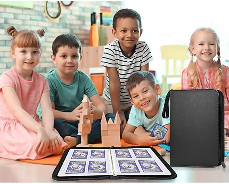Trading Card Binder 4 Pocket,400 Pockets for Pokemon Cards with Zipper,50 Sleeves Holder Compatible Standard Card,Sport Card,Game Card-Gift Boy and Girl 4-Pockets, Black Black 4-Pockets