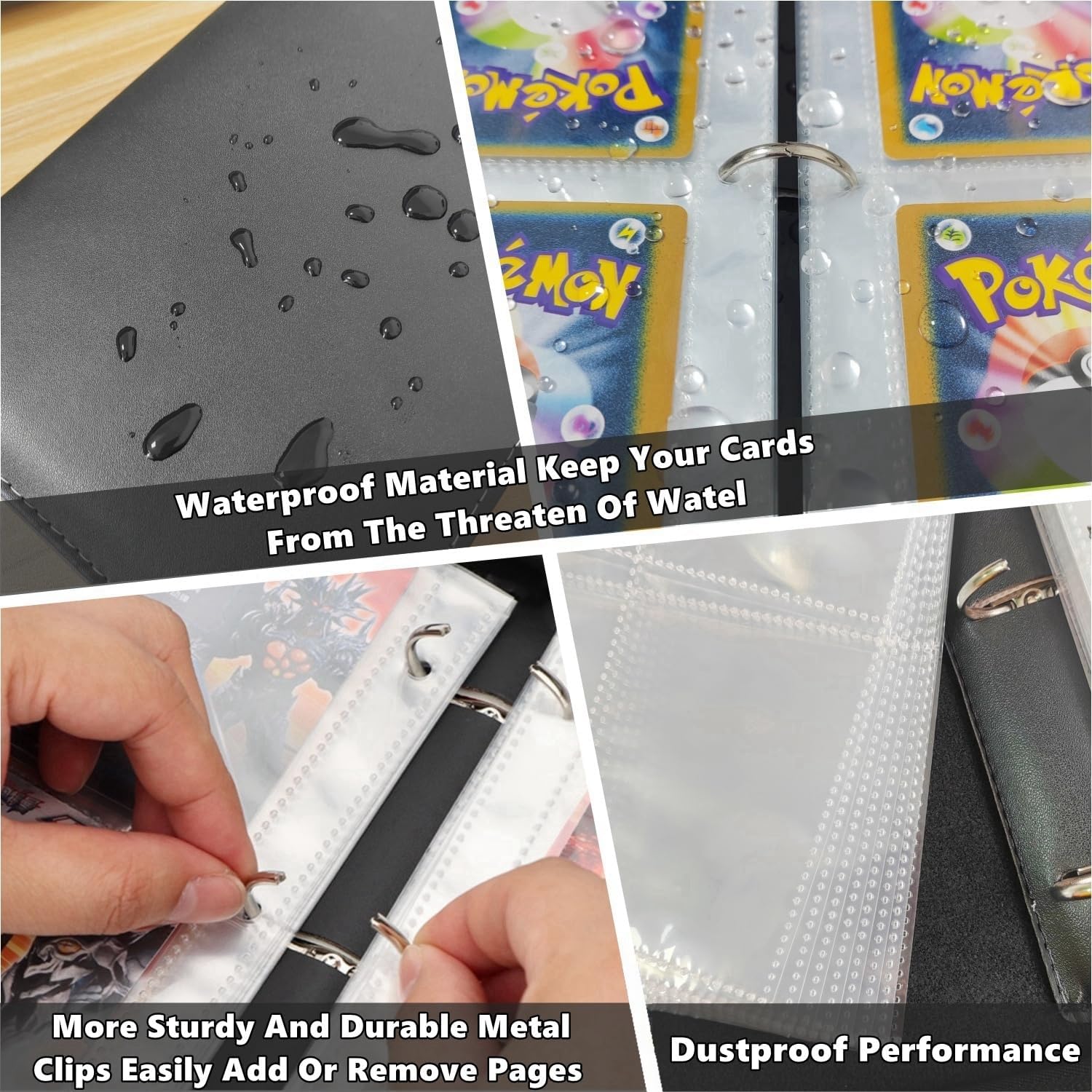 Trading Card Binder 4 Pocket,400 Pockets for Pokemon Cards with Zipper,50 Sleeves Holder Compatible Standard Card,Sport Card,Game Card-Gift Boy and Girl 4-Pockets, Black Black 4-Pockets