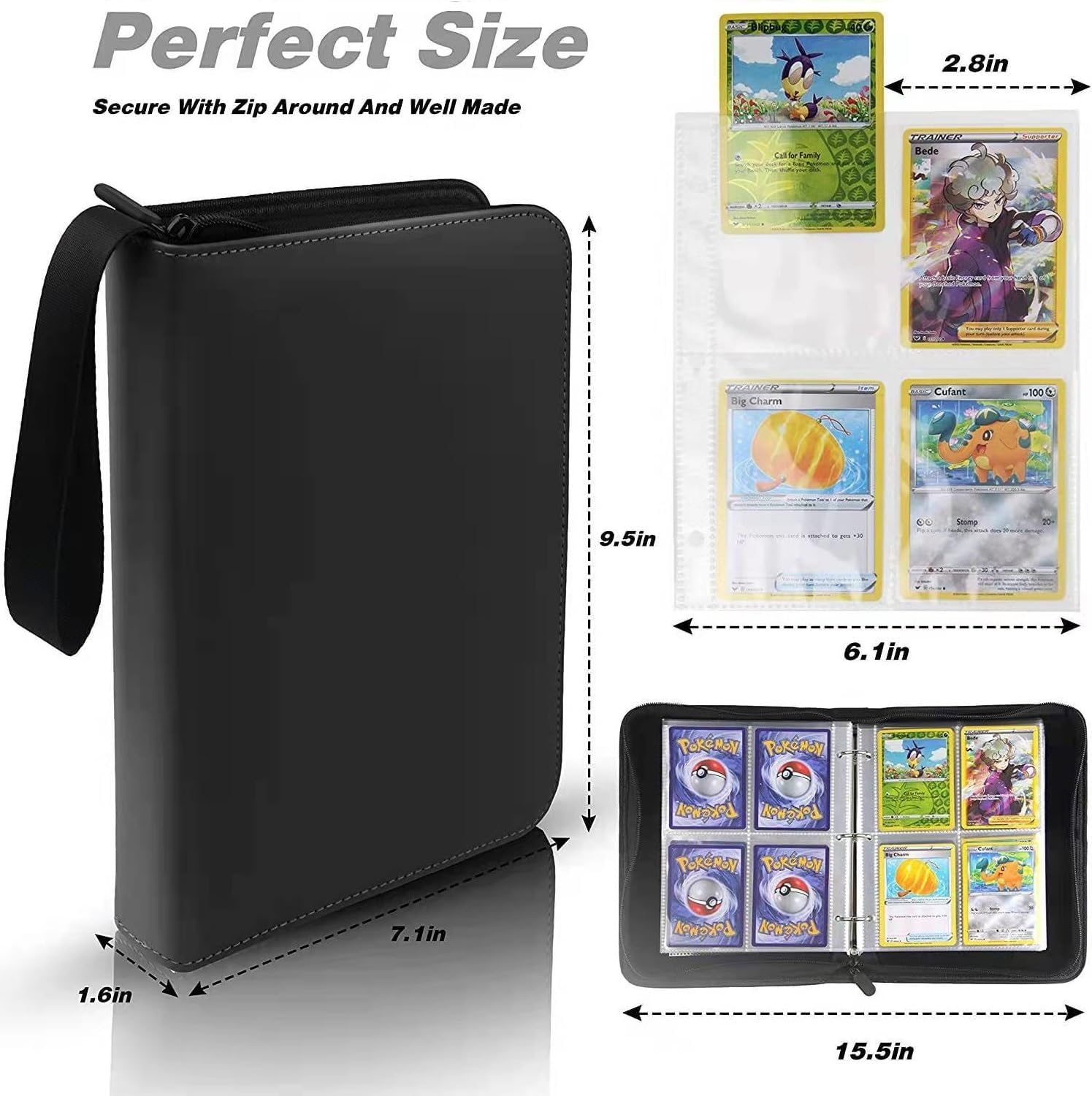 Trading Card Binder 4 Pocket,400 Pockets for Pokemon Cards with Zipper,50 Sleeves Holder Compatible Standard Card,Sport Card,Game Card-Gift Boy and Girl 4-Pockets, Black Black 4-Pockets