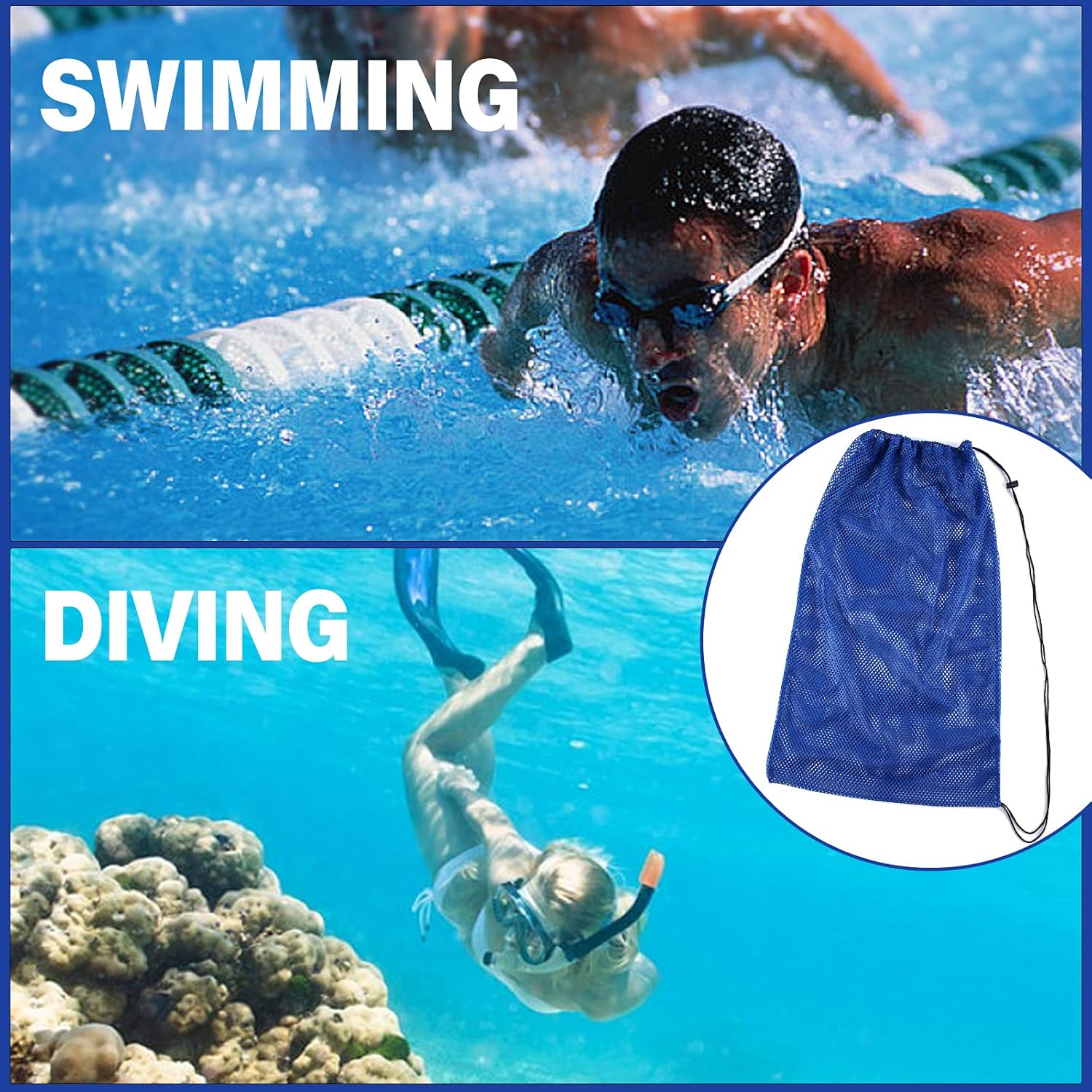 2 Packs Mesh Gear Bag for Snorkel Equipment, Oversized 18" x 27" Dive Scuba Diving Backpack Snorkeling, Fins, Swimming Gear, Beach and Sports Equipment Black & Blue