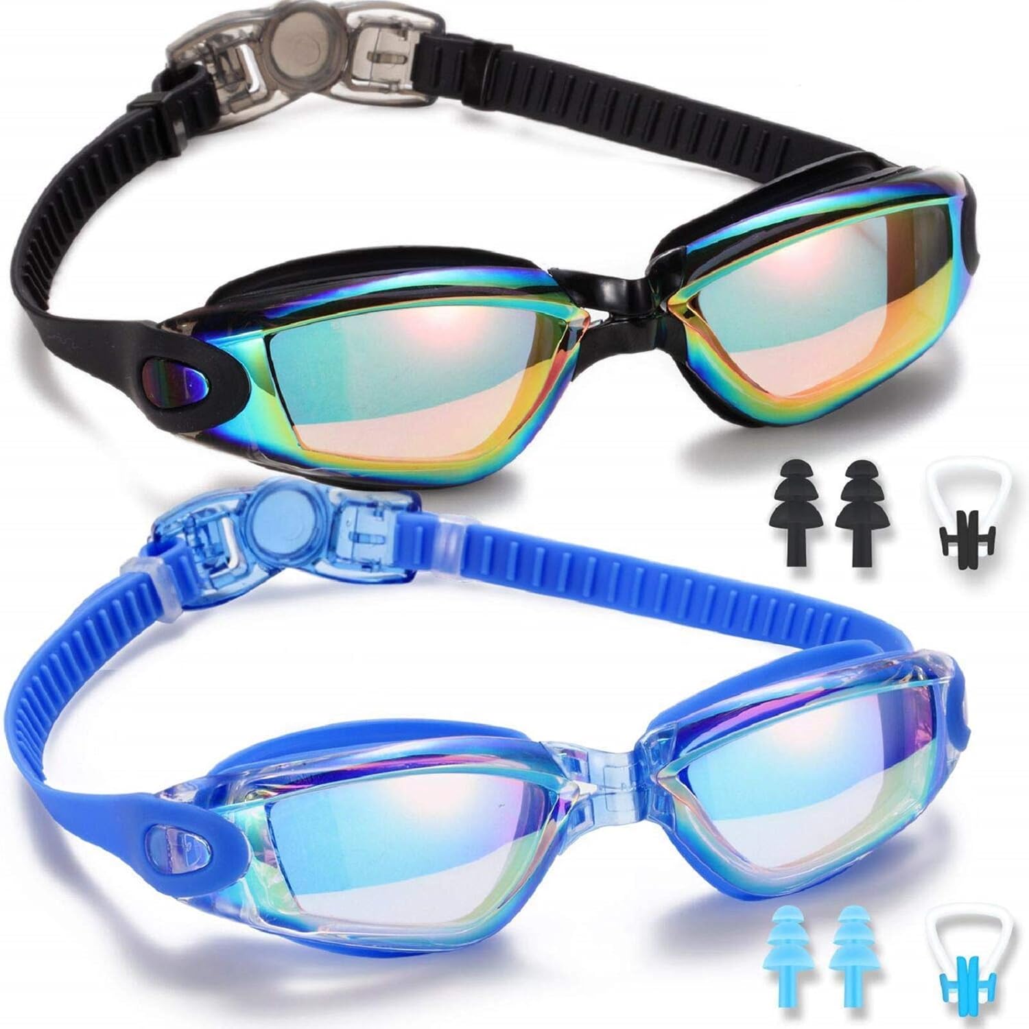 Swim Goggles, 2 Pack Swimming Goggles for Adult Men Women Youth Kids Child Black/Blue mirrored
