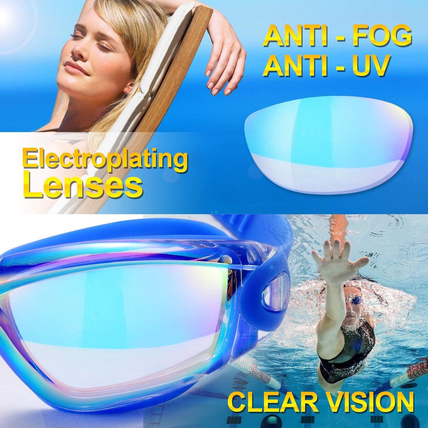 Swim Goggles, 2 Pack Swimming Goggles for Adult Men Women Youth Kids Child Black/Blue mirrored