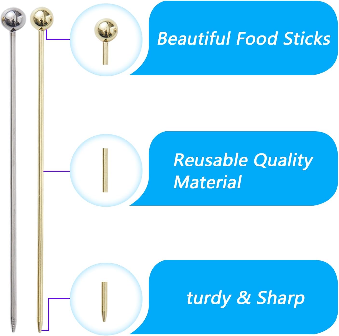20 PCS Stainless Steel Cocktail Toothpicks, Picks for Drinks, Reusable Skewers Metal Tooth Appetizers 4.3 Inch