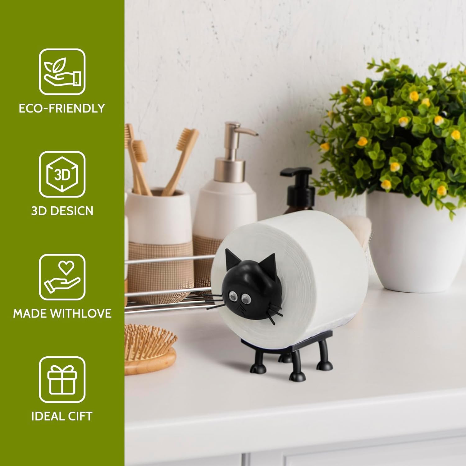 Cat Toilet Roll Holder: Tissue Paper Storage Stand - 3D Printed Black Loo Holder Bathroom Set for Shelf Housewarming Gift Decor Cat-1Pcs Cat-1pcs