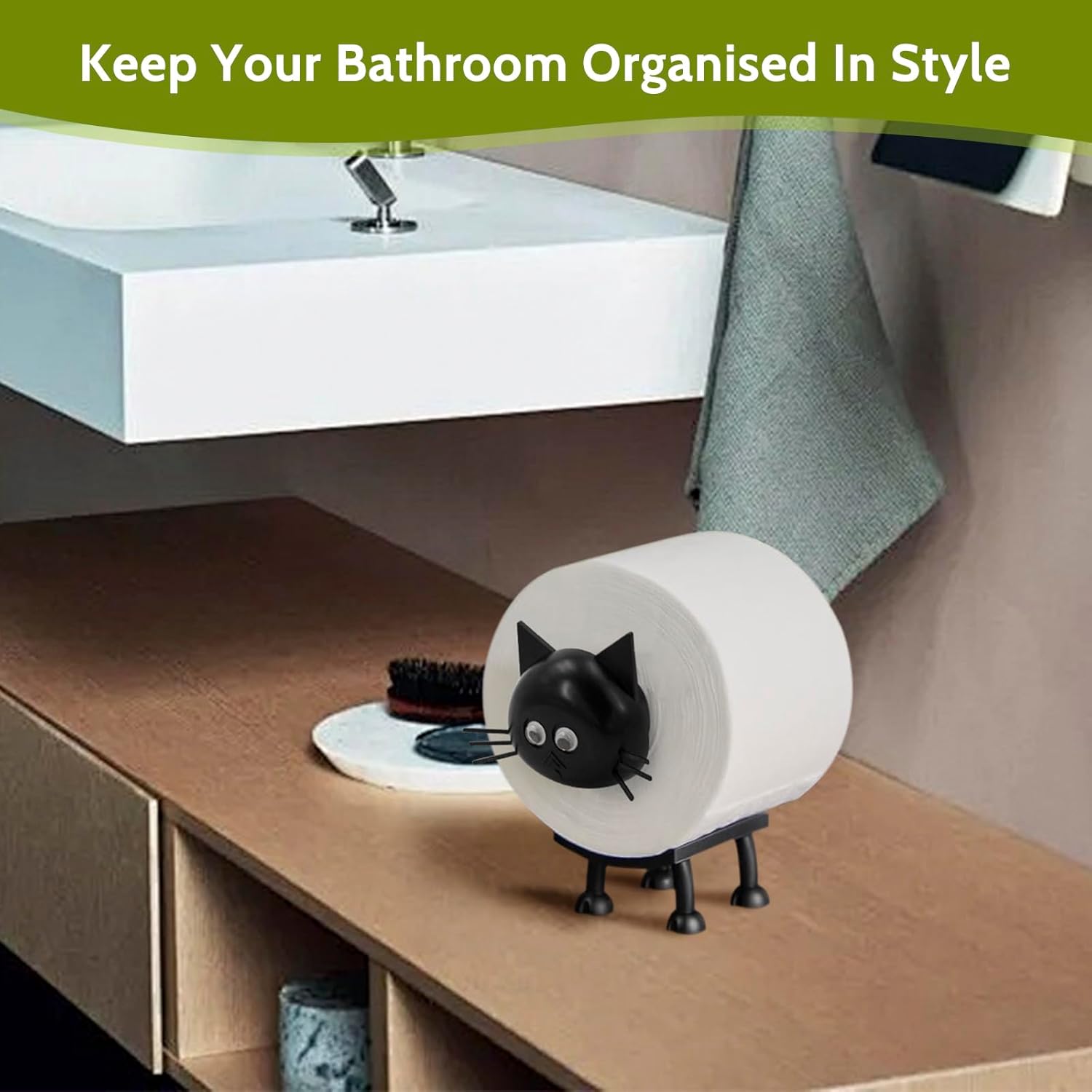 Cat Toilet Roll Holder: Tissue Paper Storage Stand - 3D Printed Black Loo Holder Bathroom Set for Shelf Housewarming Gift Decor Cat-1Pcs Cat-1pcs