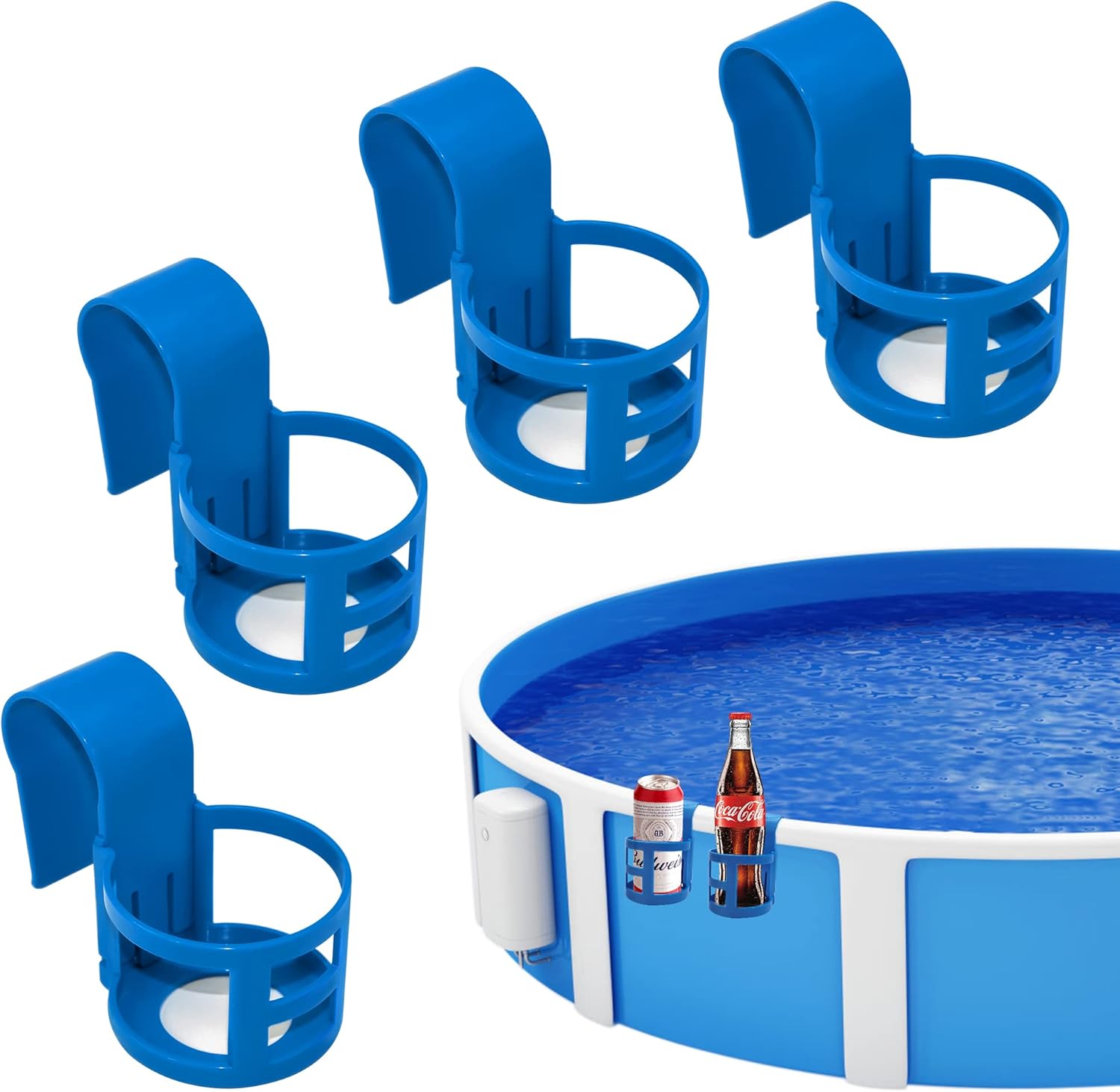 Poolside Cup Holder for Above Ground Pools, Pool Drink Holders Party ONLY FITS 2 Inch or Less Round Top Bar Blue - 4 Pack Blue Pack