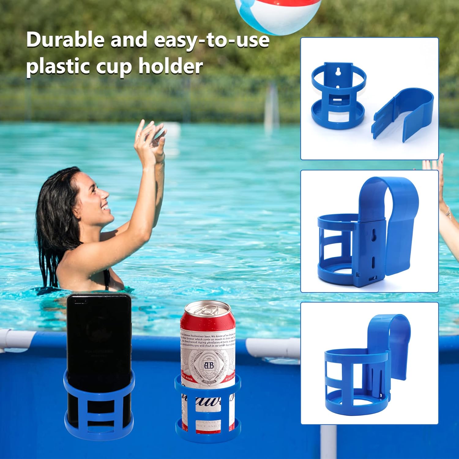 Poolside Cup Holder for Above Ground Pools, Pool Drink Holders Party ONLY FITS 2 Inch or Less Round Top Bar Blue - 4 Pack Blue Pack