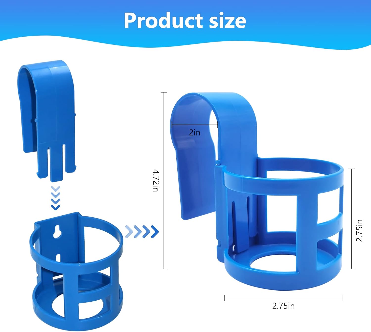 Poolside Cup Holder for Above Ground Pools, Pool Drink Holders Party ONLY FITS 2 Inch or Less Round Top Bar Blue - 4 Pack Blue Pack