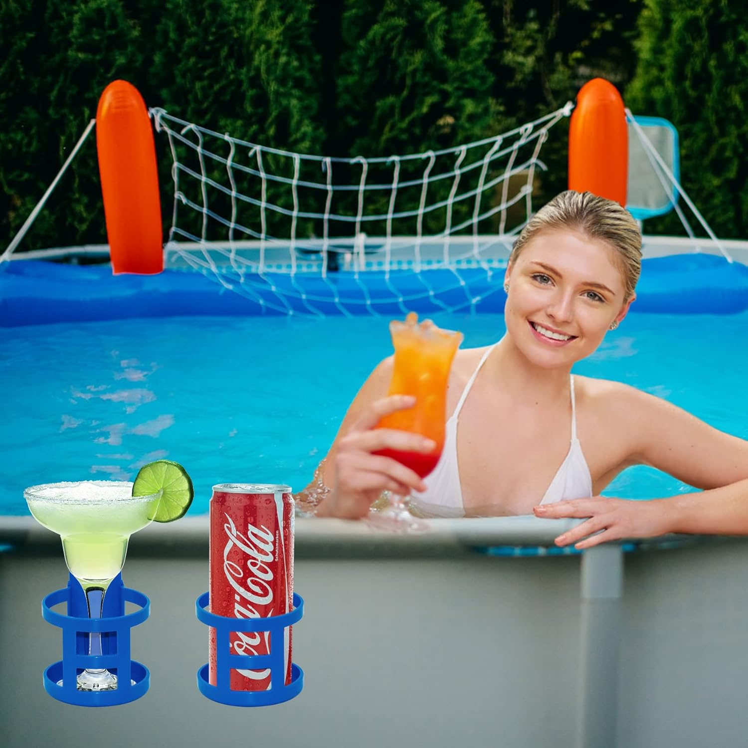 Poolside Cup Holder for Above Ground Pools, Pool Drink Holders Party ONLY FITS 2 Inch or Less Round Top Bar Blue - 4 Pack Blue Pack