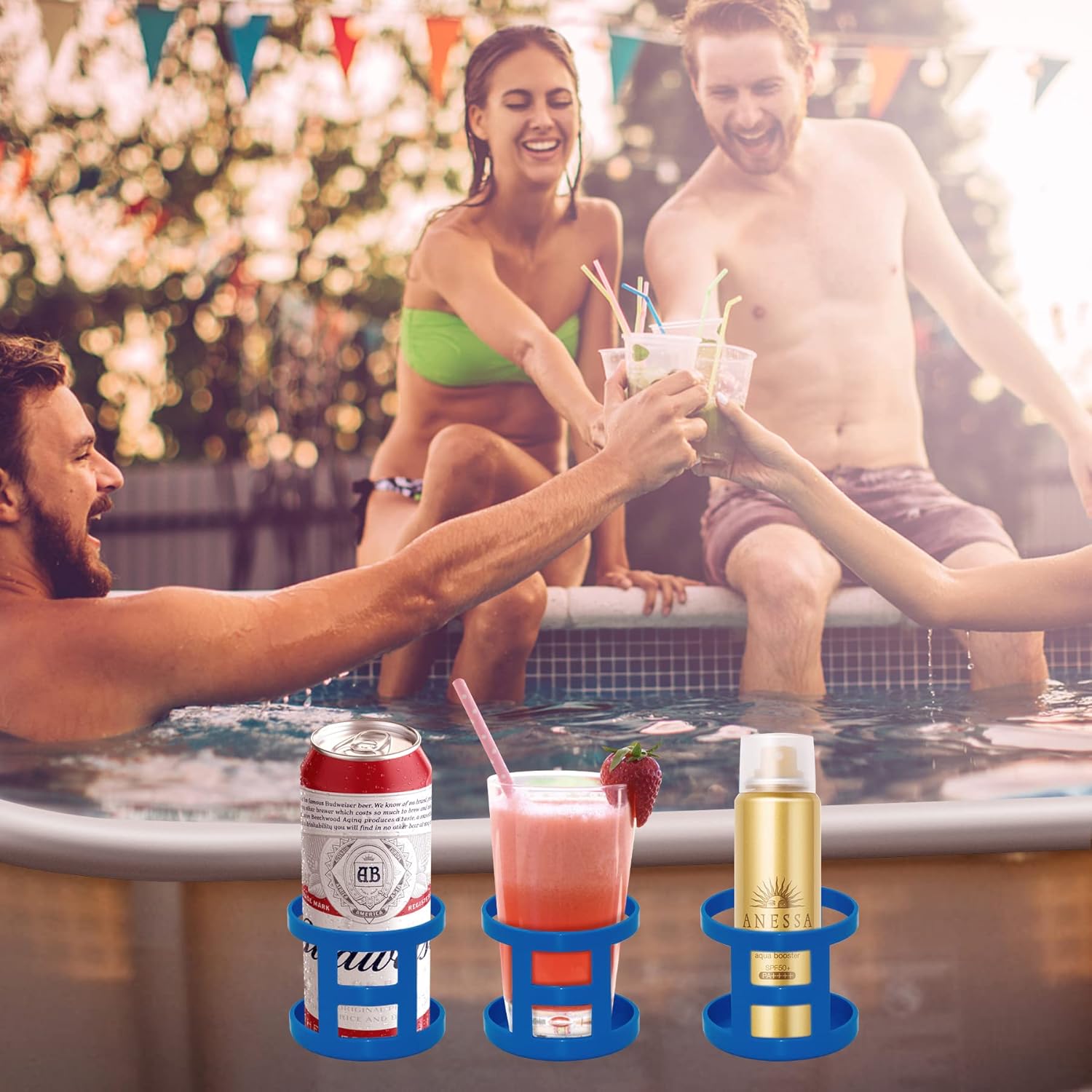 Poolside Cup Holder for Above Ground Pools, Pool Drink Holders Party ONLY FITS 2 Inch or Less Round Top Bar Blue - 4 Pack Blue Pack