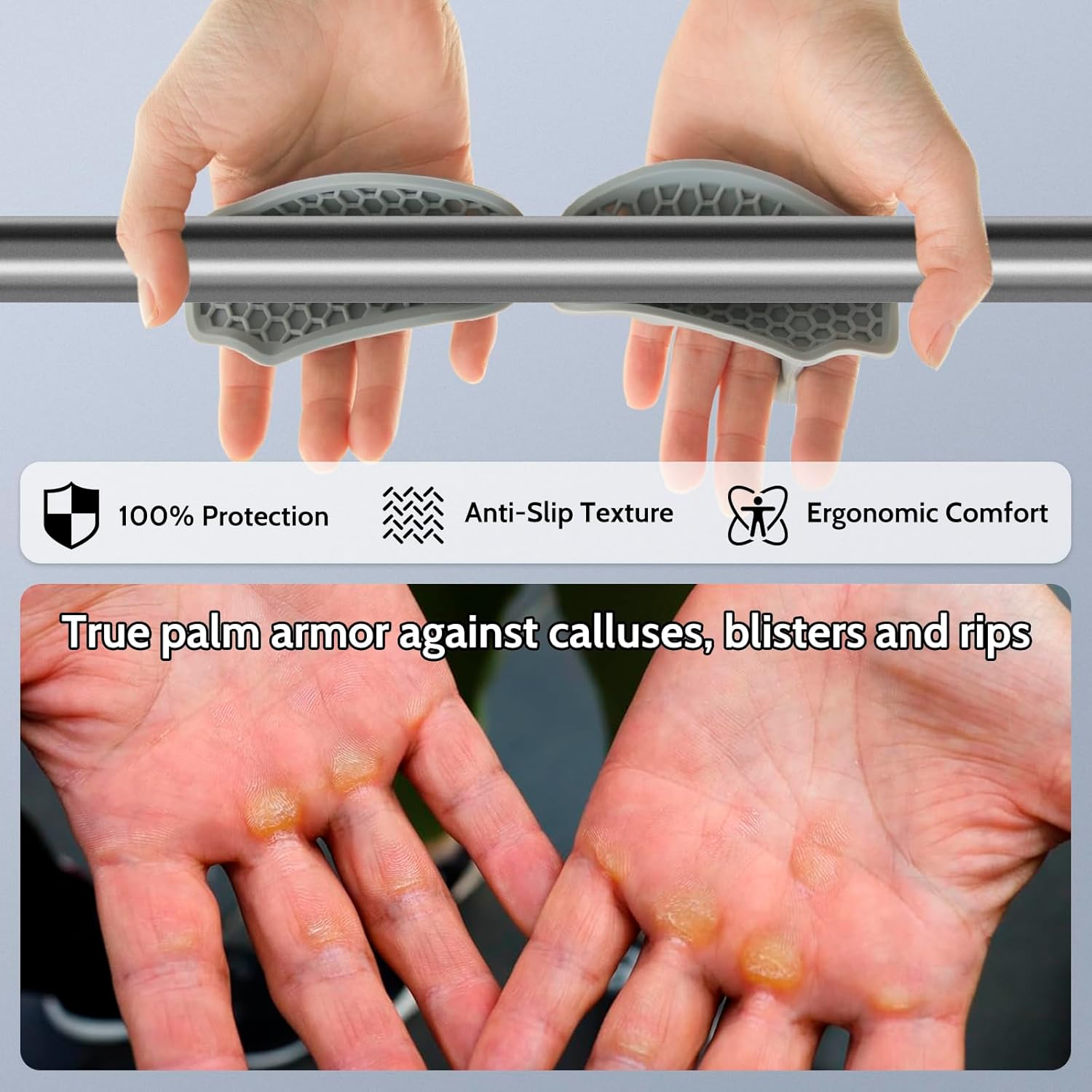 Weight Lifting Grips - Rubber Anti-Slip Workout Grips, Ergonomics Hand Protector Gloves for Gym Training and Exercise, Dumbbell, Bar Pad, Pull Up Men Women, No Sweaty Grey