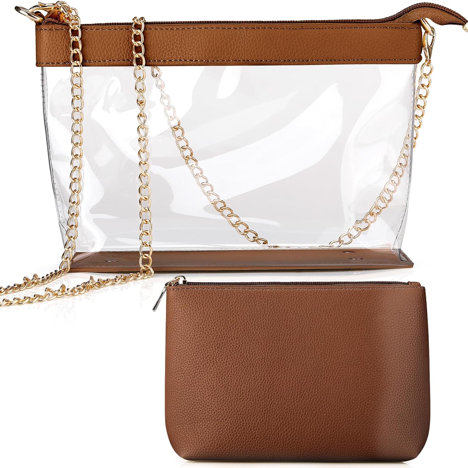 2 Pcs Clear Crossbody Bag for Women Stadium Approved Set Purse Handbags and Small Storage Pouch Brown