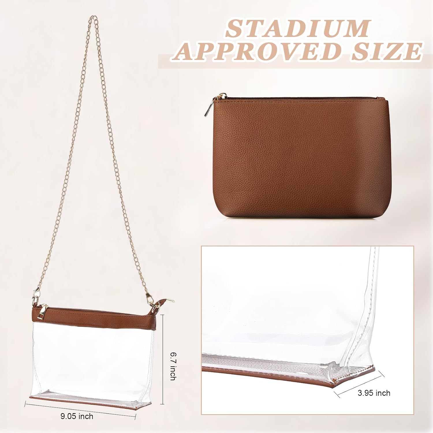 2 Pcs Clear Crossbody Bag for Women Stadium Approved Set Purse Handbags and Small Storage Pouch Brown