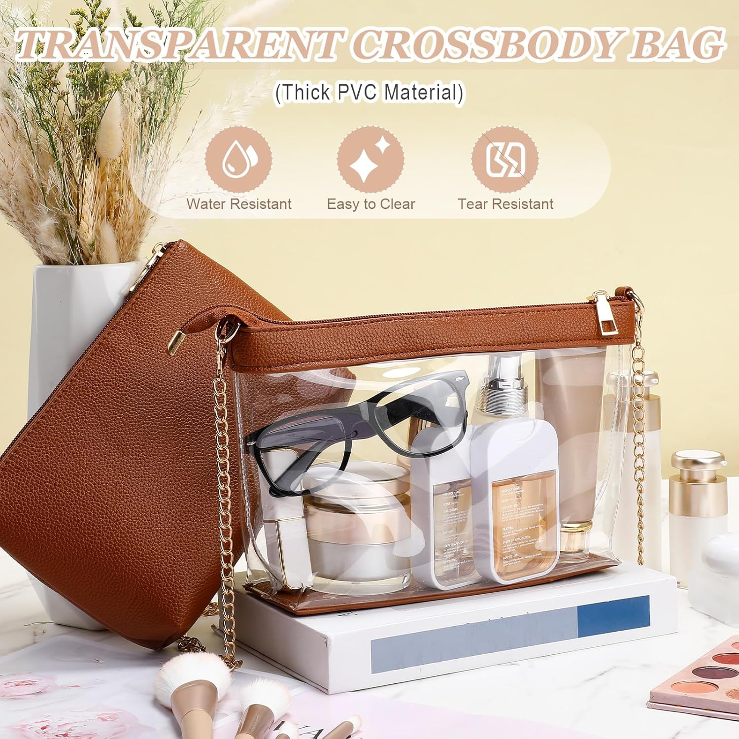 2 Pcs Clear Crossbody Bag for Women Stadium Approved Set Purse Handbags and Small Storage Pouch Brown