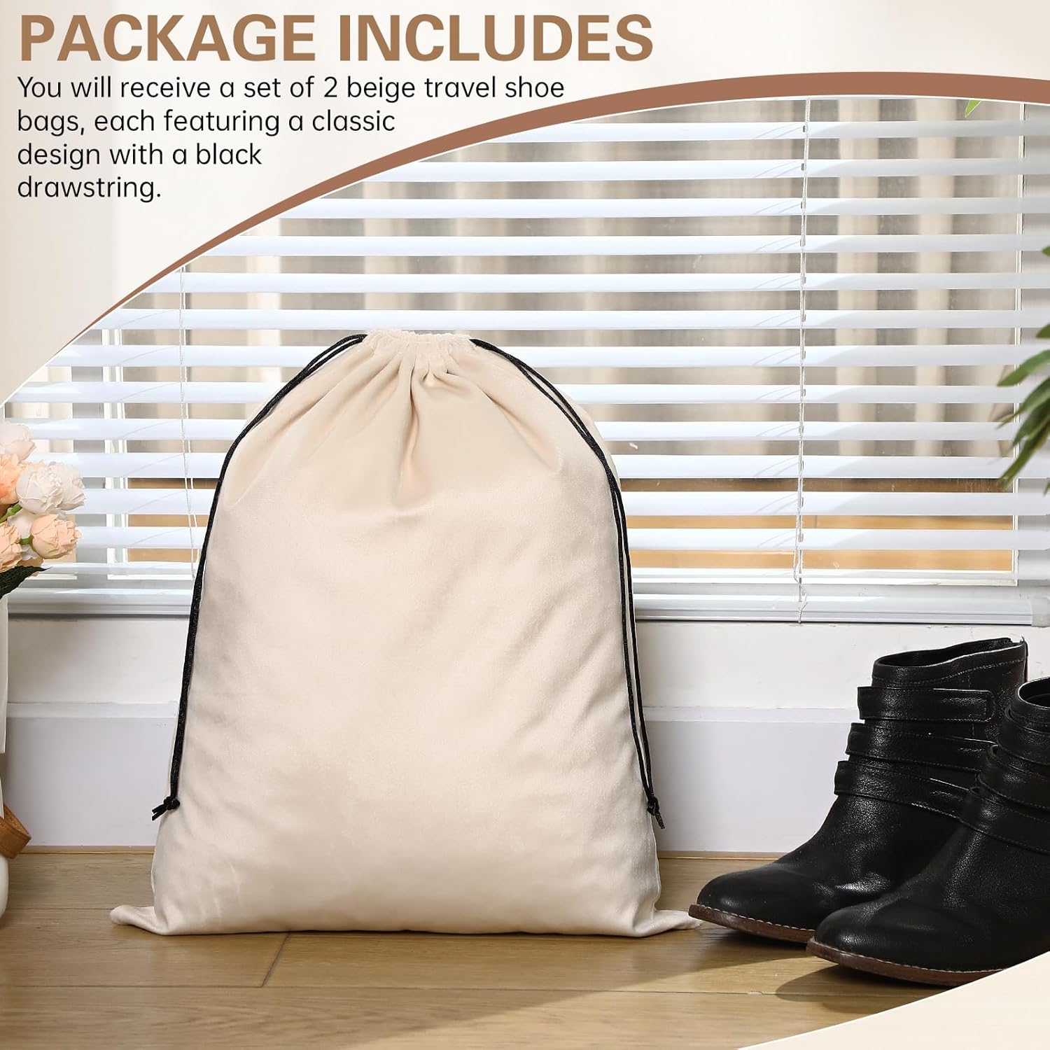 2 Pcs Silky Velvet Shoe Bags for Travel Cloth Dust Pouch with Drawstring Closure Beige Storage Packing Organizers